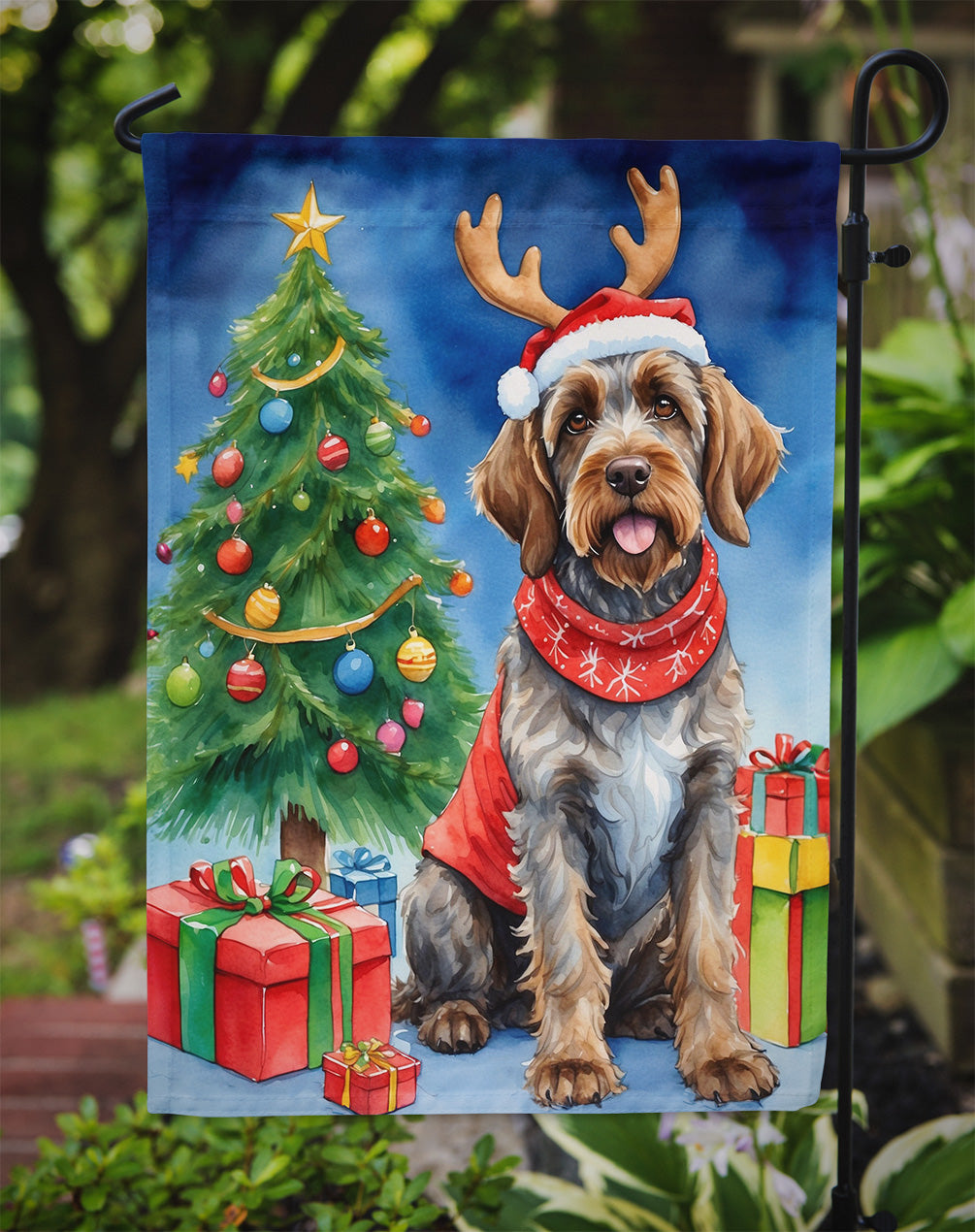 Wirehaired Pointing Griffon Christmas Reindeer Garden Flag