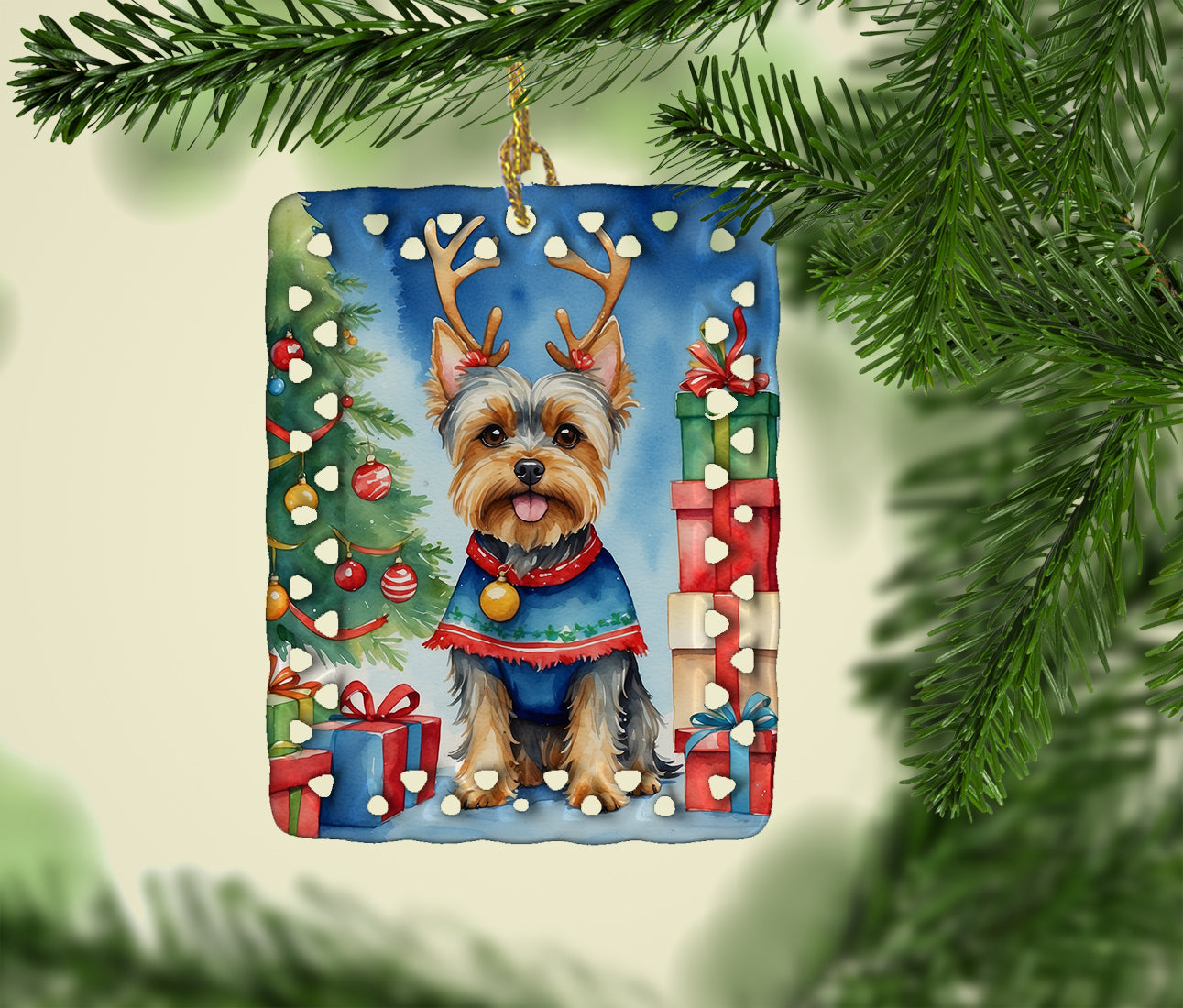 Yorkshire Terrier Yorkie Christmas Reindeer Porcelain Ornament