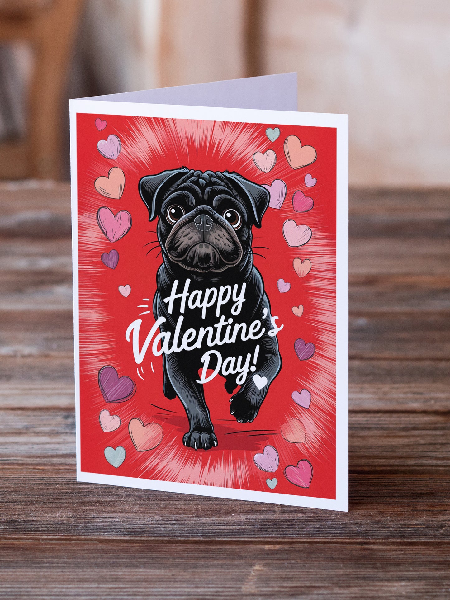 Black Pug Happy Valentine's Day Greeting Cards Pack of 8