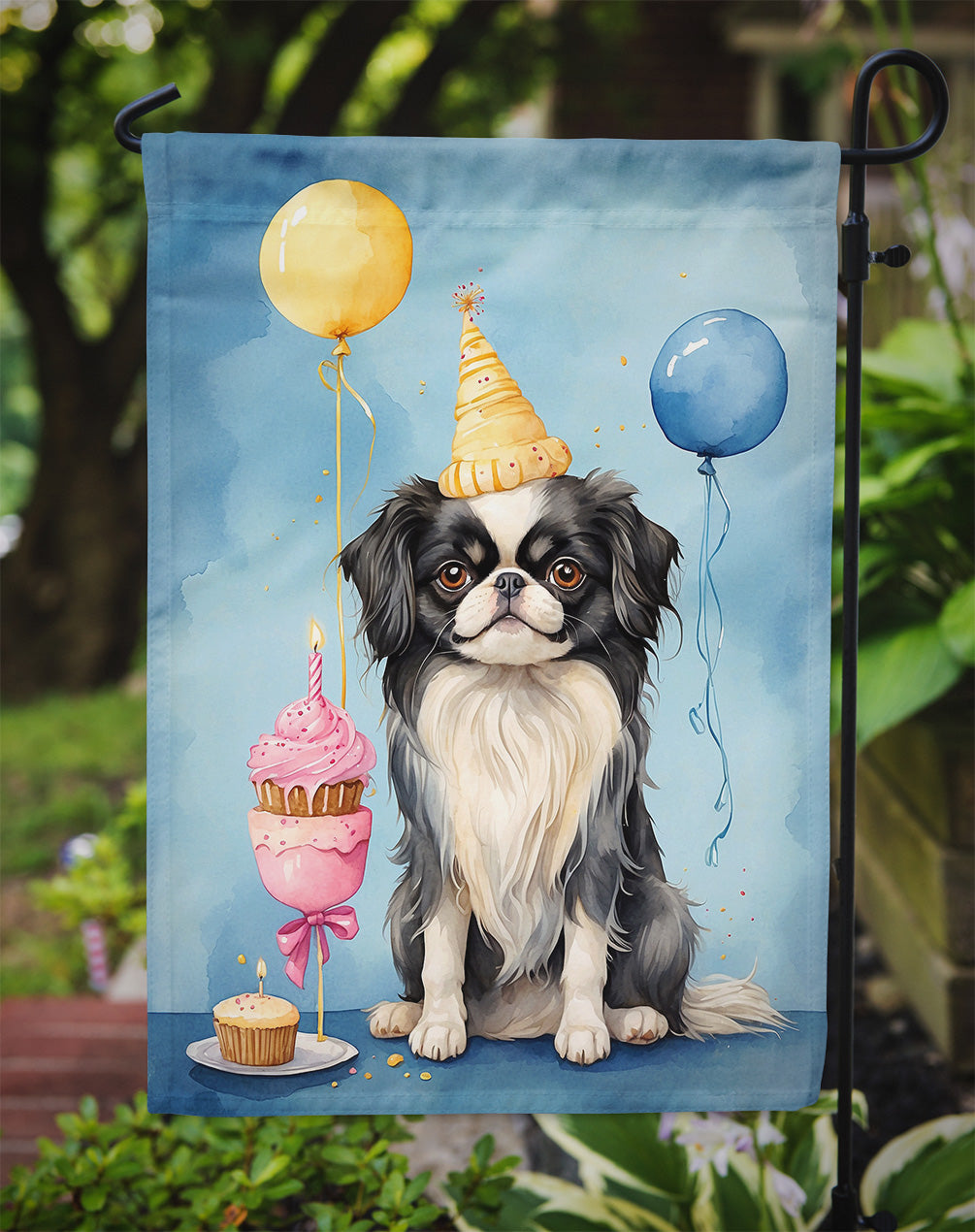 Japanese Chin Happy Birthday Garden Flag