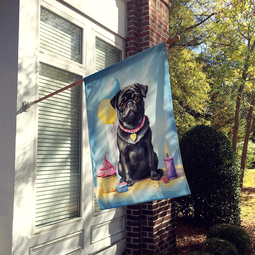 Black Pug Happy Birthday House Flag