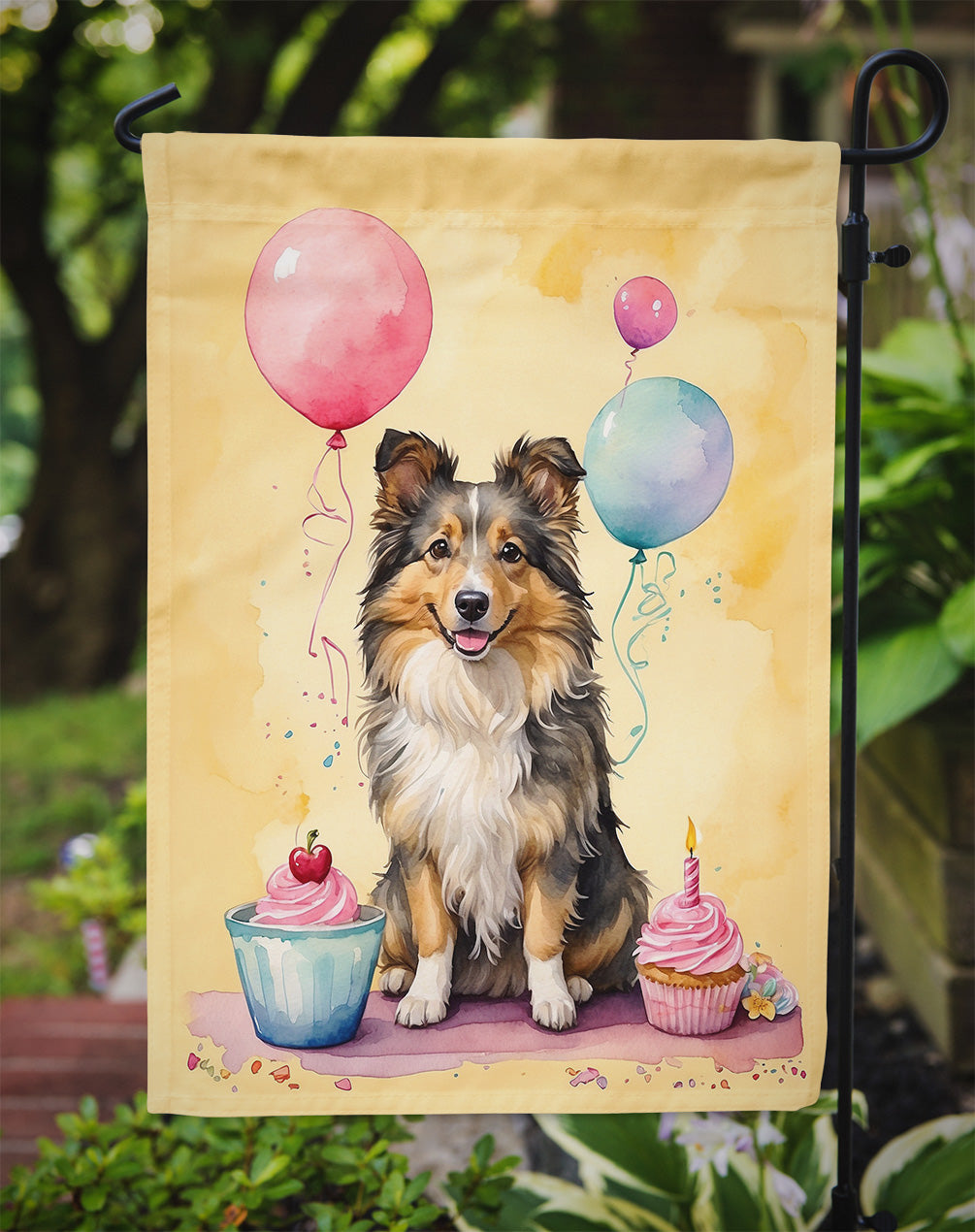 Sheltie Happy Birthday Garden Flag