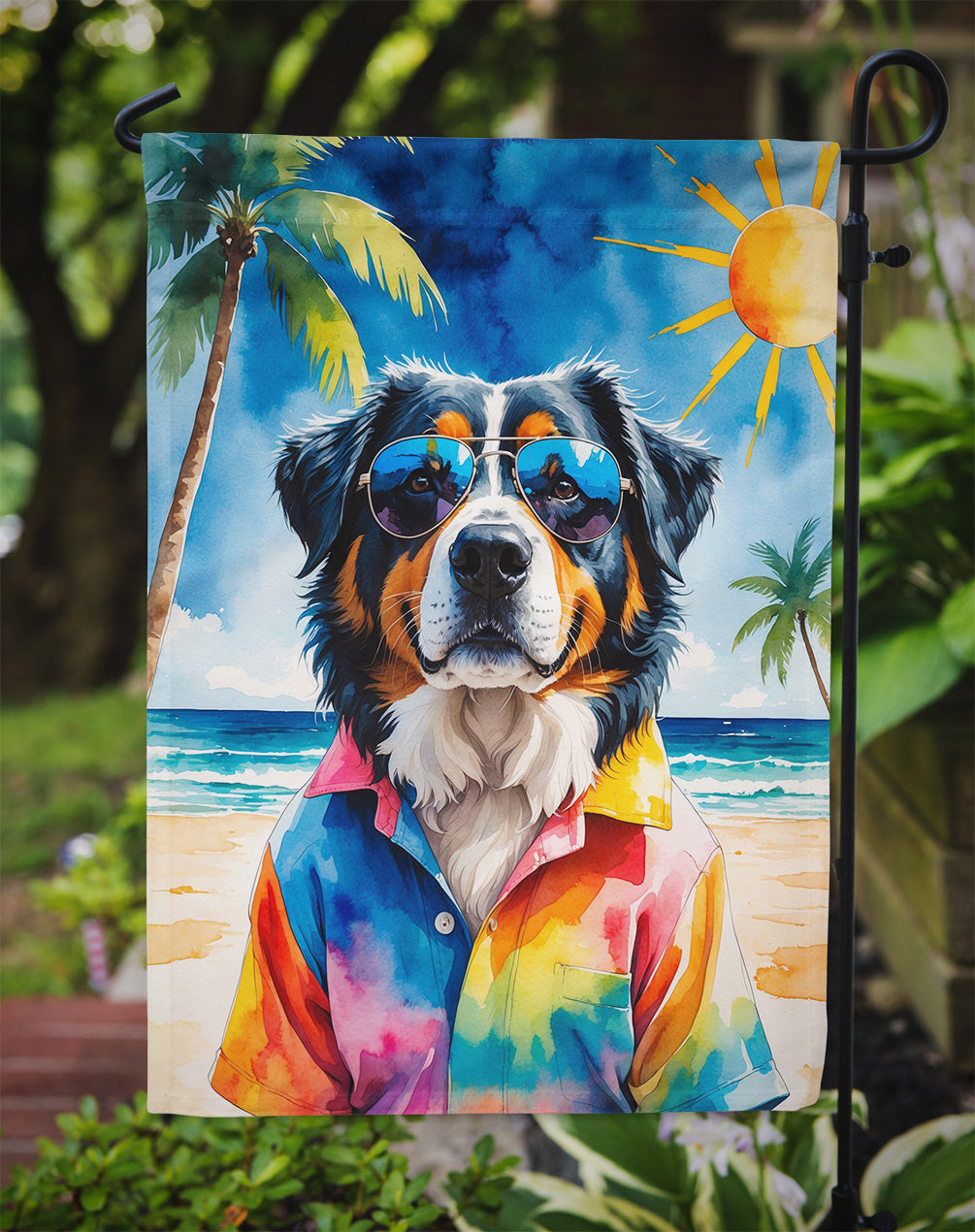 Bernese Mountain Dog Summer Beach Time Garden Flag