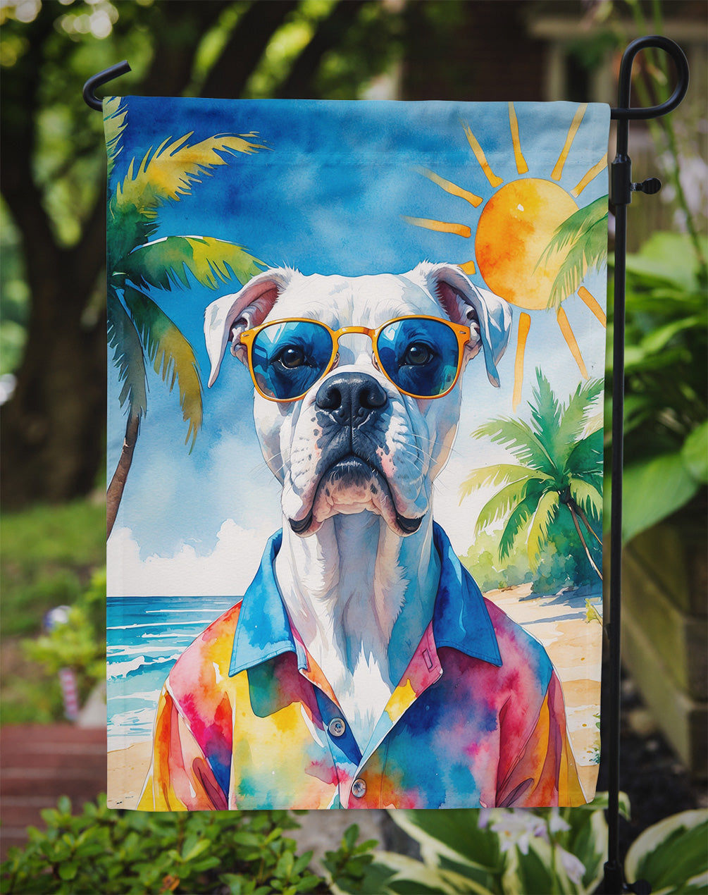 White Boxer Summer Beach Time Garden Flag