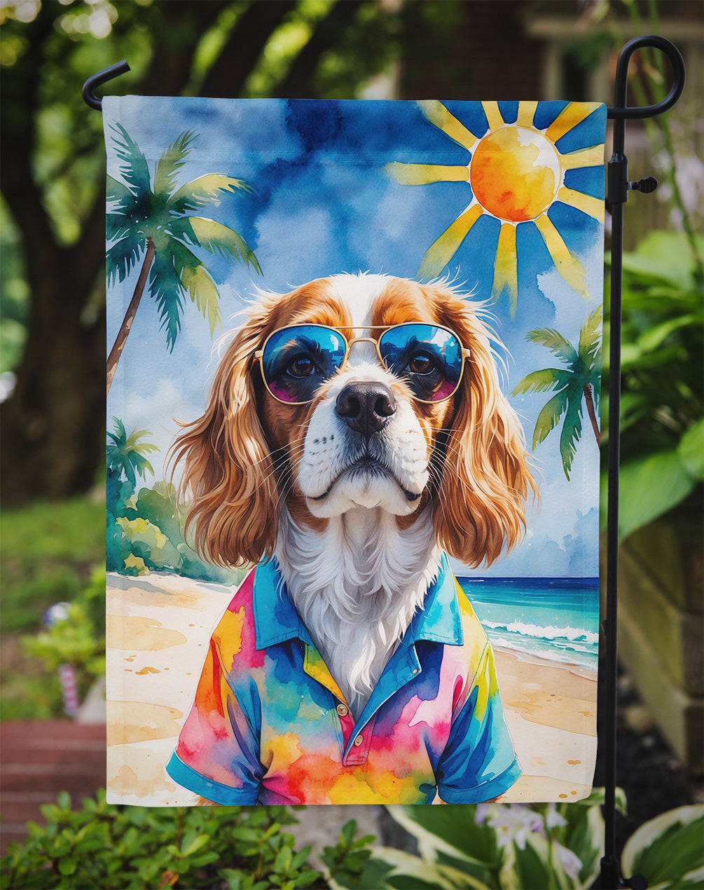 Cavalier Spaniel Summer Beach Time Garden Flag
