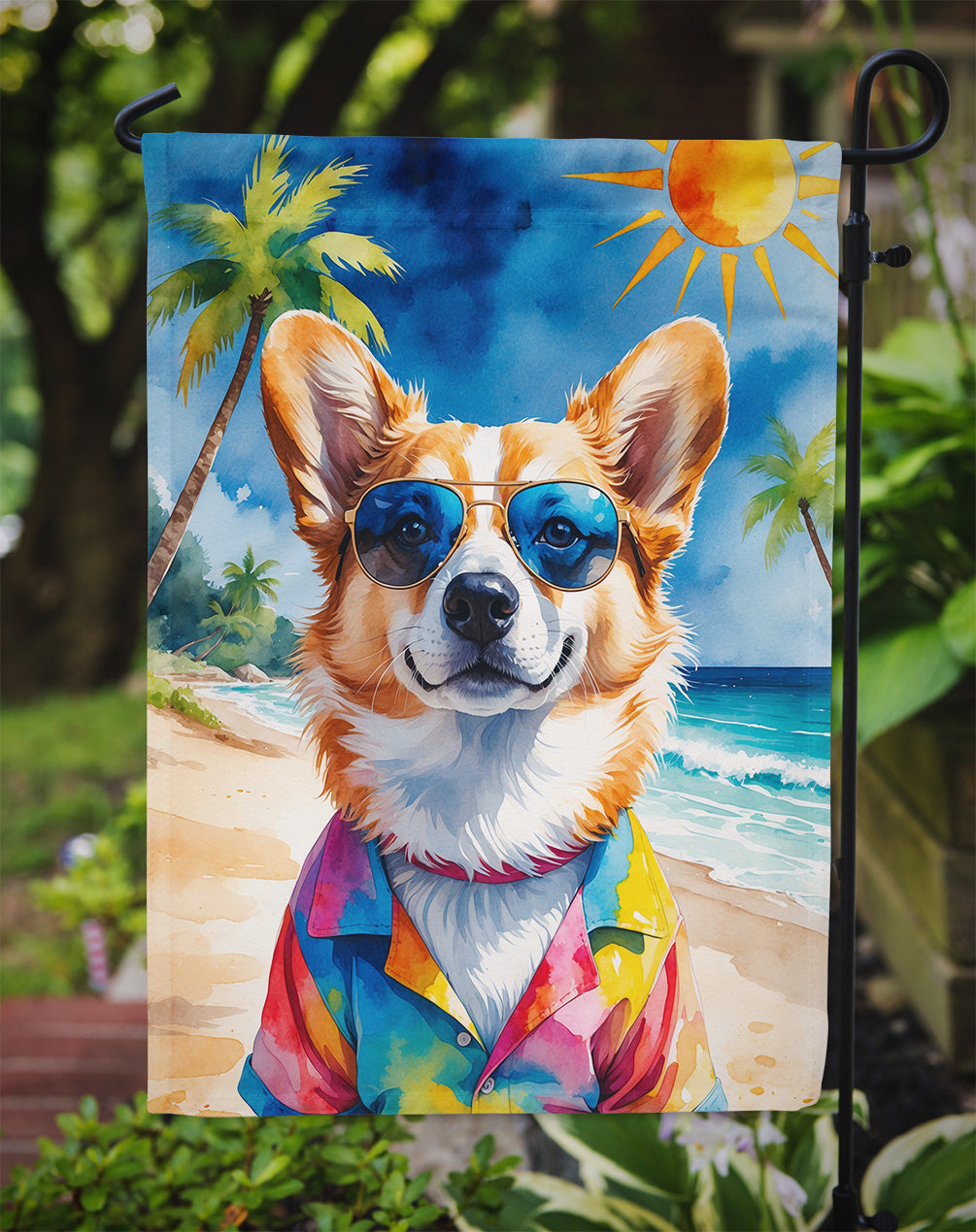 Corgi Summer Beach Time Garden Flag