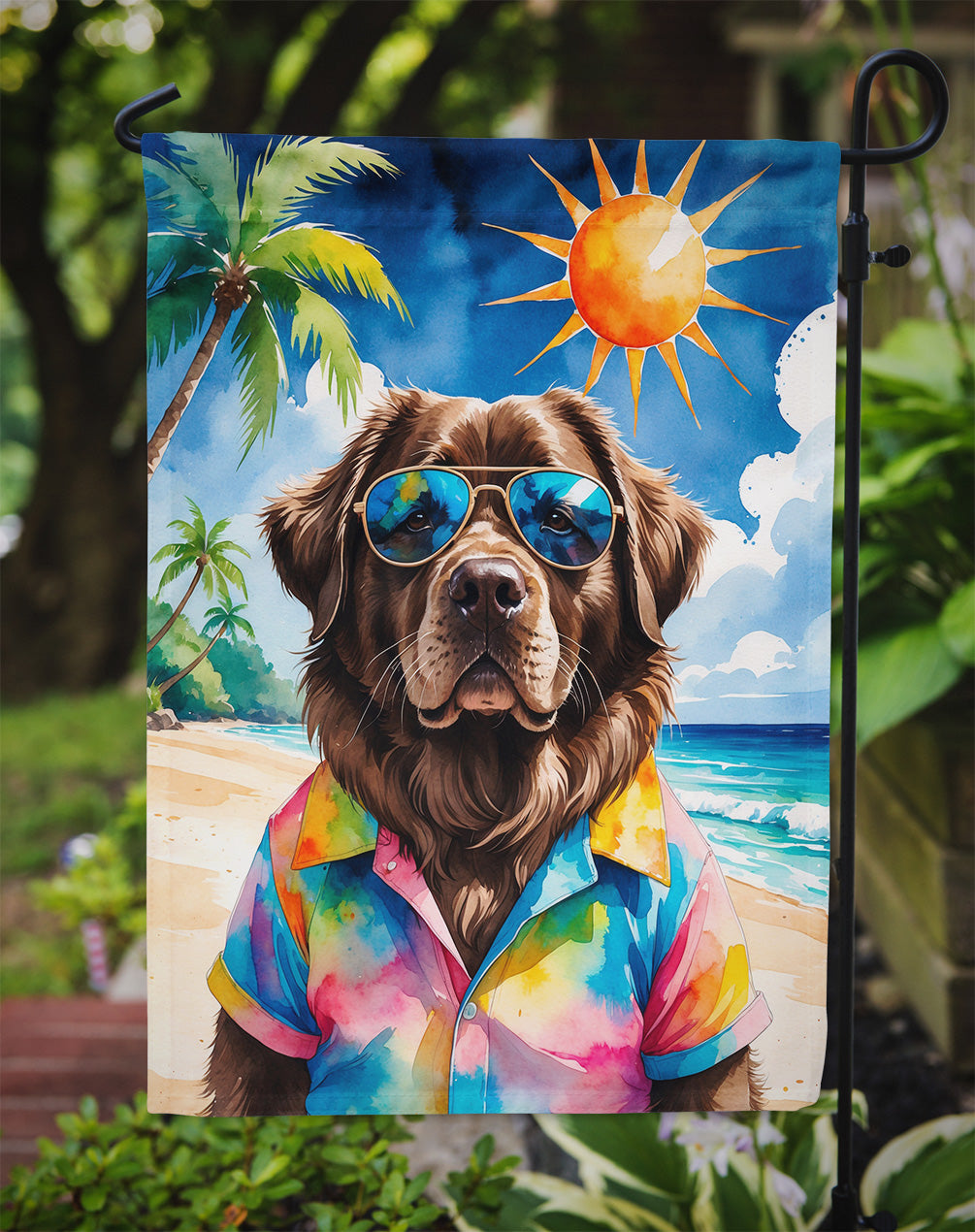 Chocolate Newfoundland Summer Beach Time Garden Flag