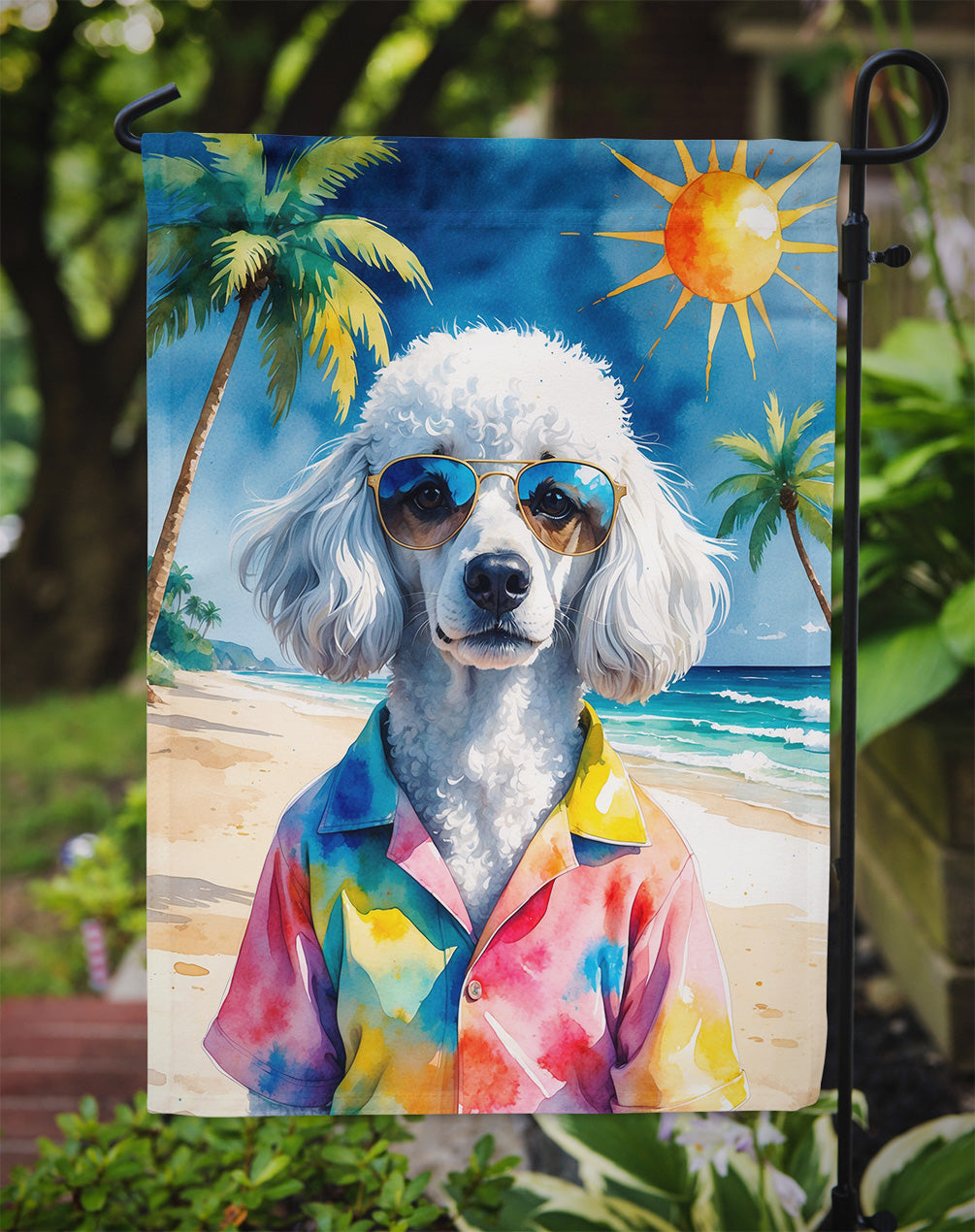 White Poodle Summer Beach Time Garden Flag