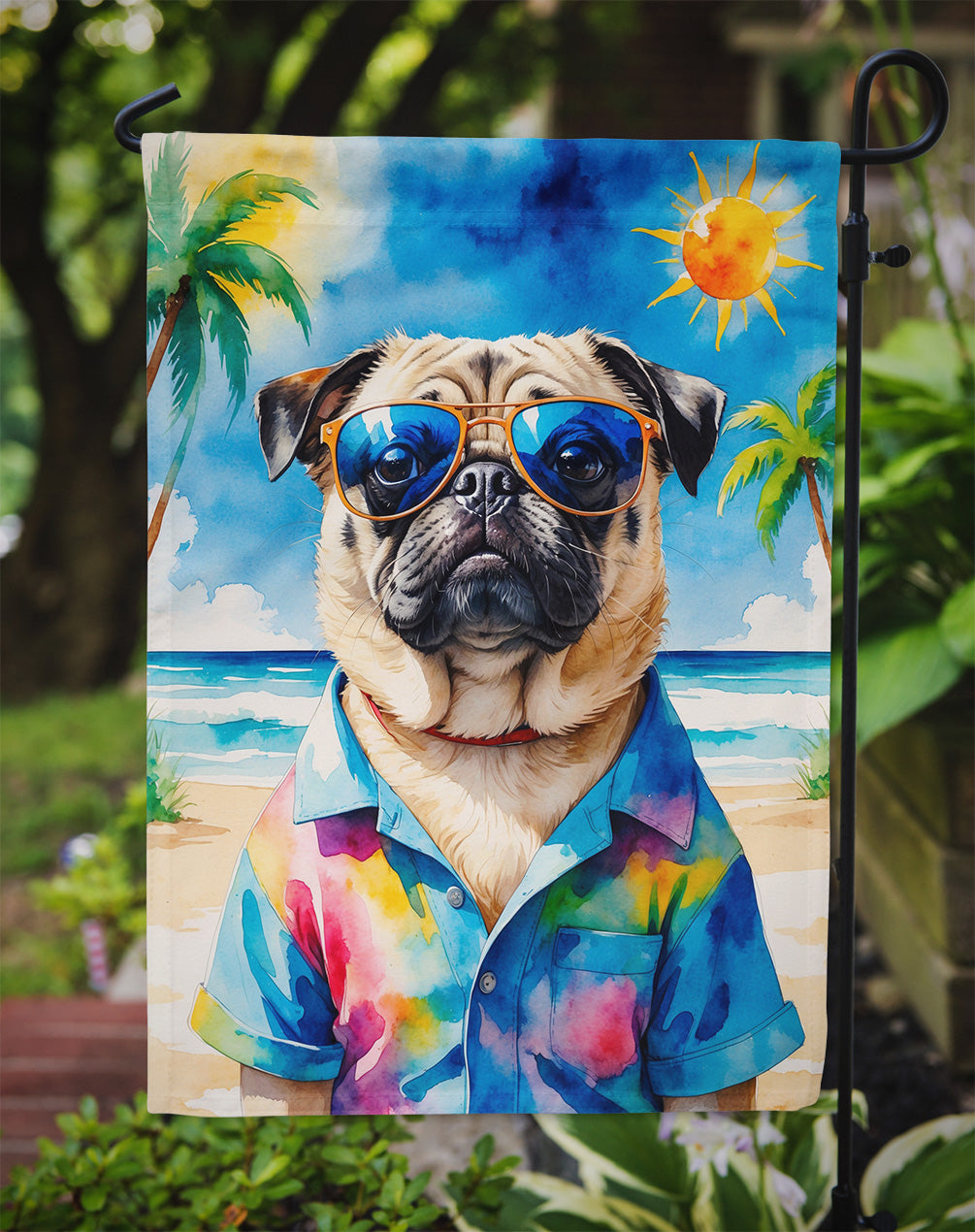 Pug Summer Beach Time Garden Flag