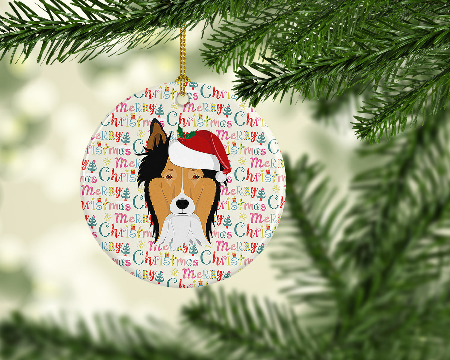 Collie Merry Christmas Ceramic Ornament