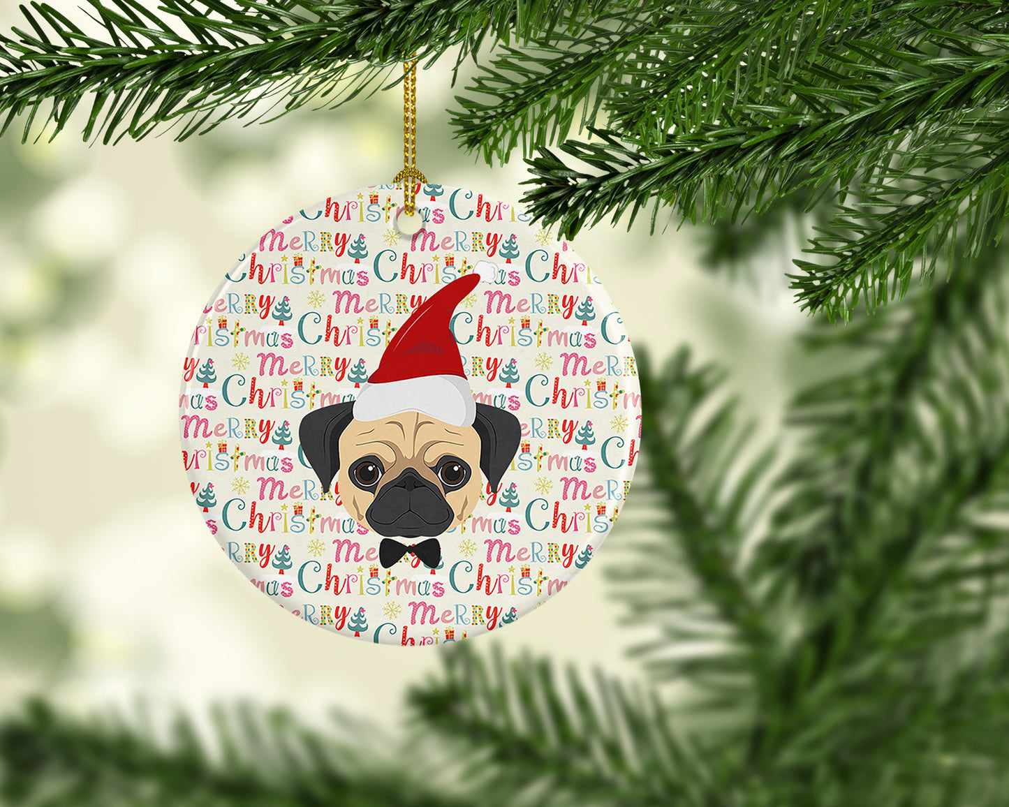 Pug Merry Christmas Ceramic Ornament