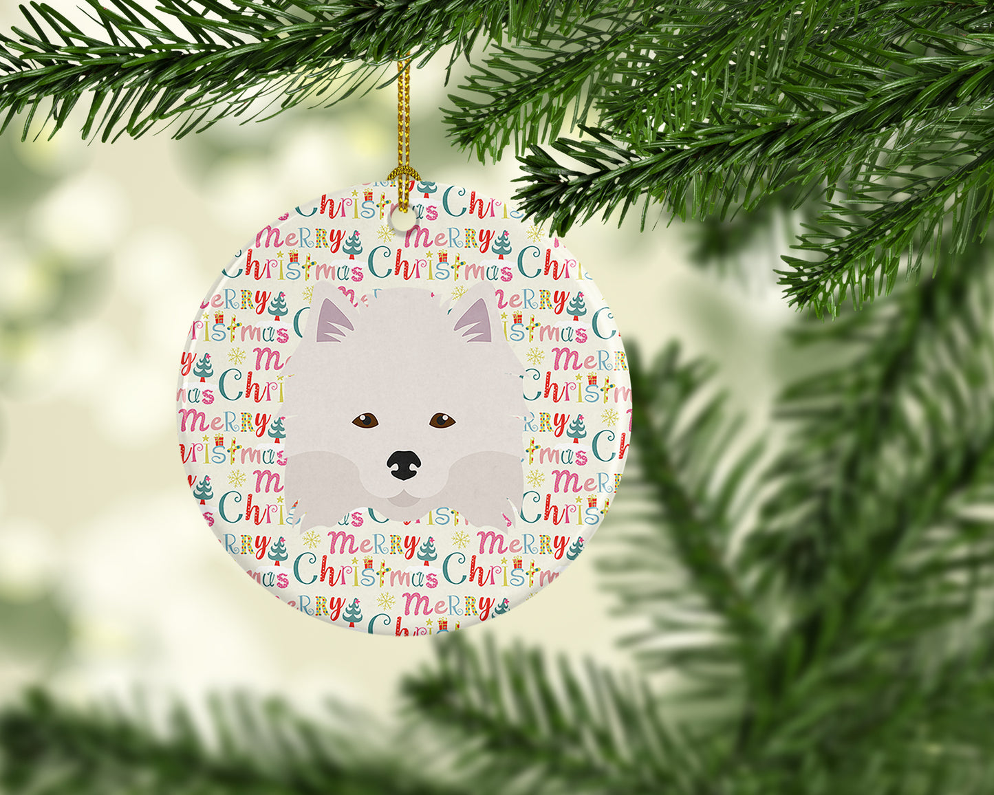 American Eskimo Merry Christmas Ceramic Ornament