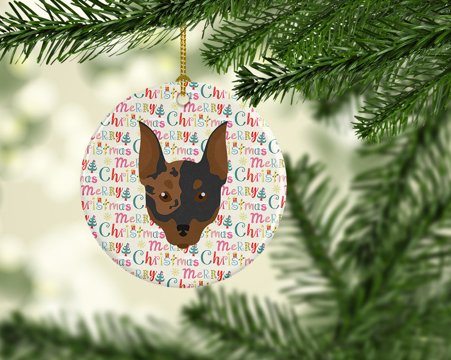 Harlequin Pinscher Merry Christmas Ceramic Ornament