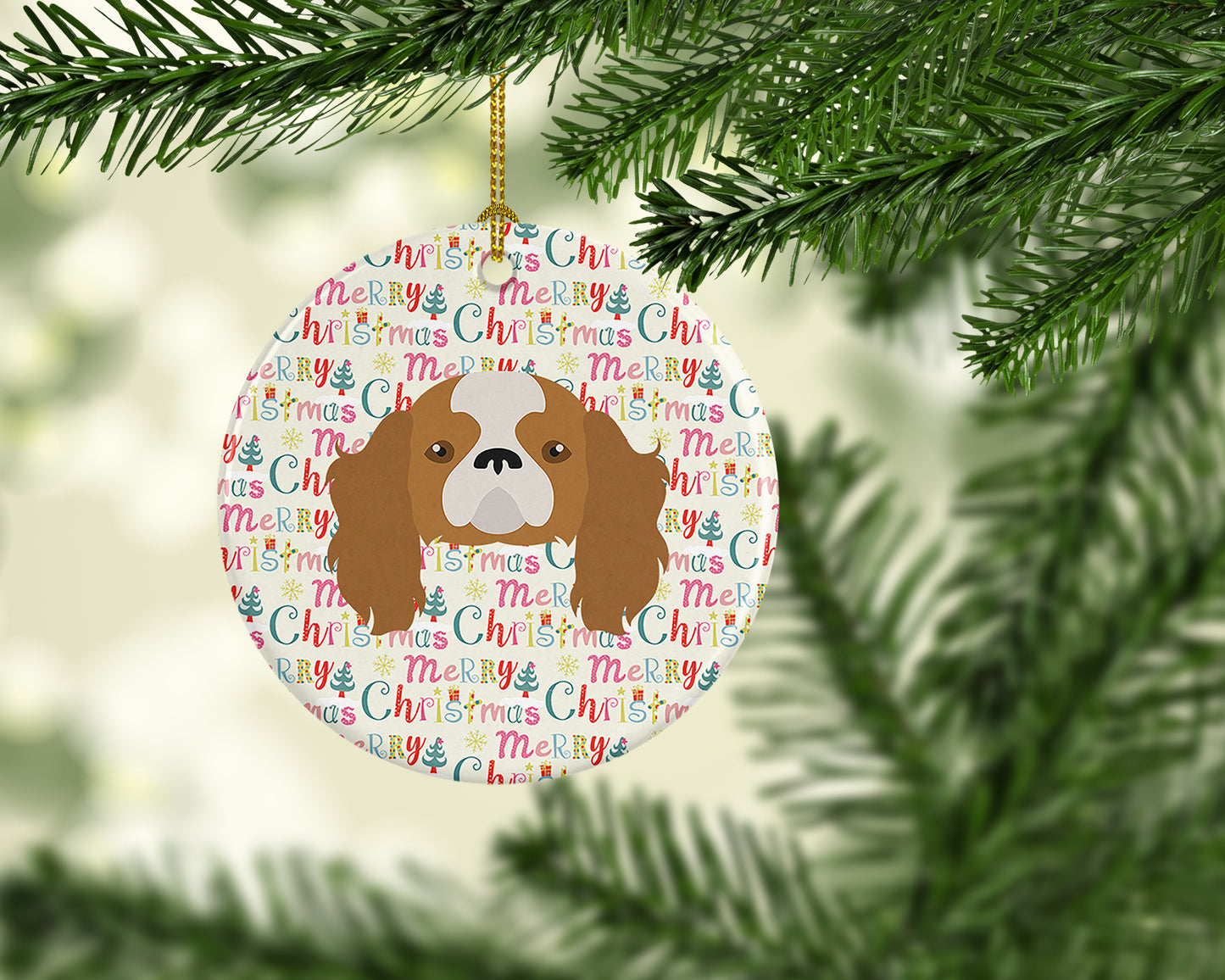 Blenheim Cavalier King Charles Spaniel Merry Christmas Ceramic Ornament