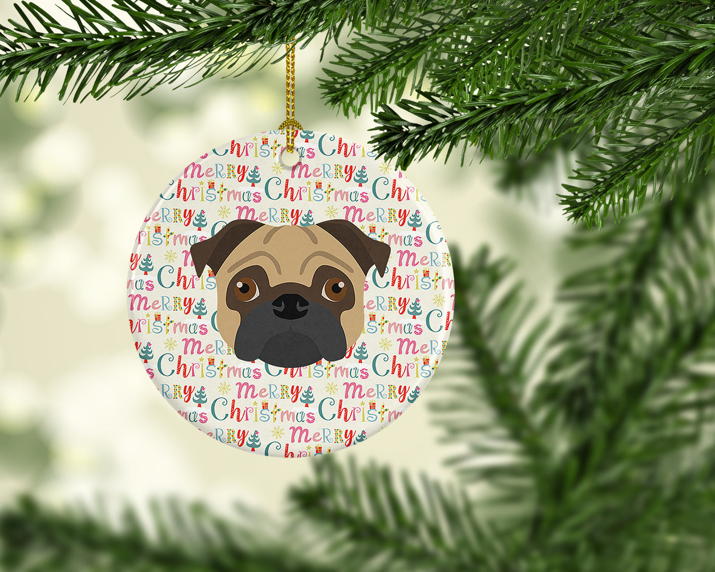 Pug Merry Christmas Ceramic Ornament