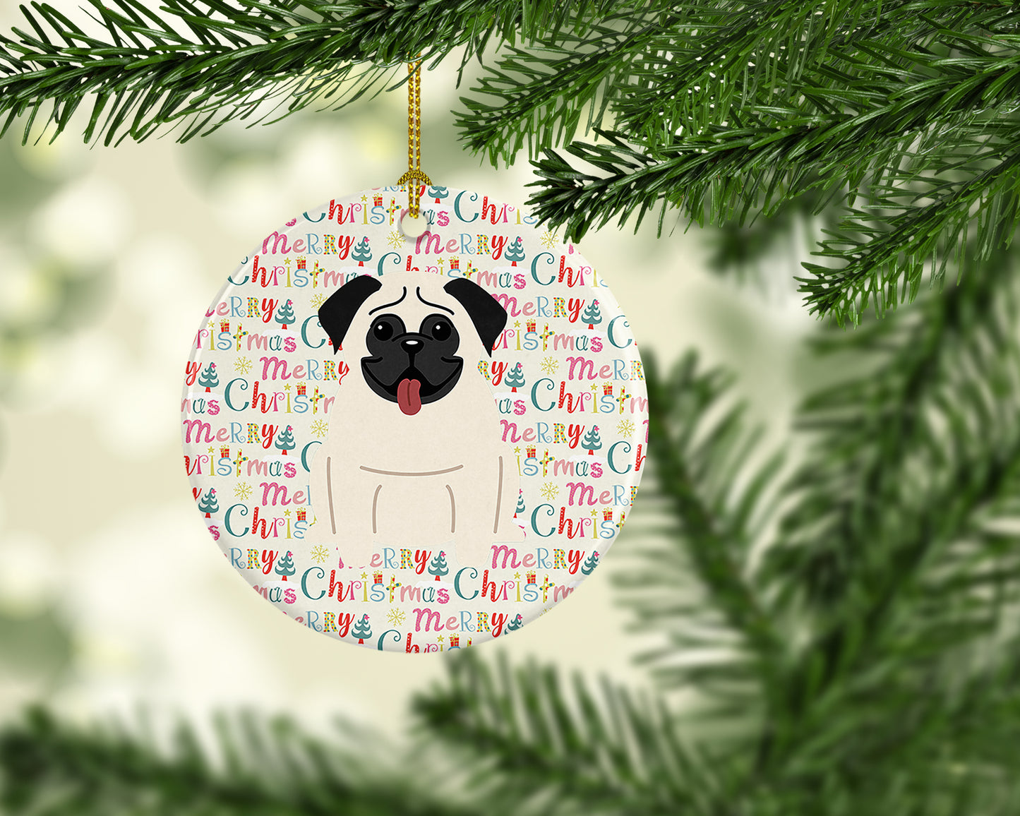 Merry Christmas Pug Cream Ceramic Ornament