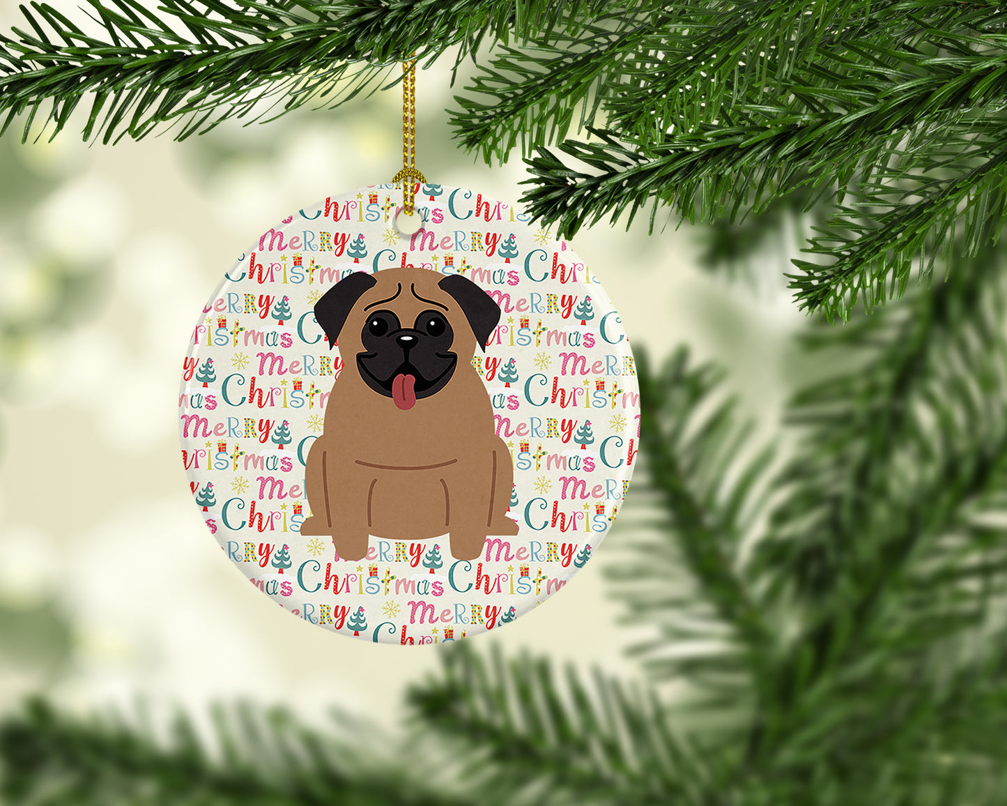 Merry Christmas Pug Brown Ceramic Ornament
