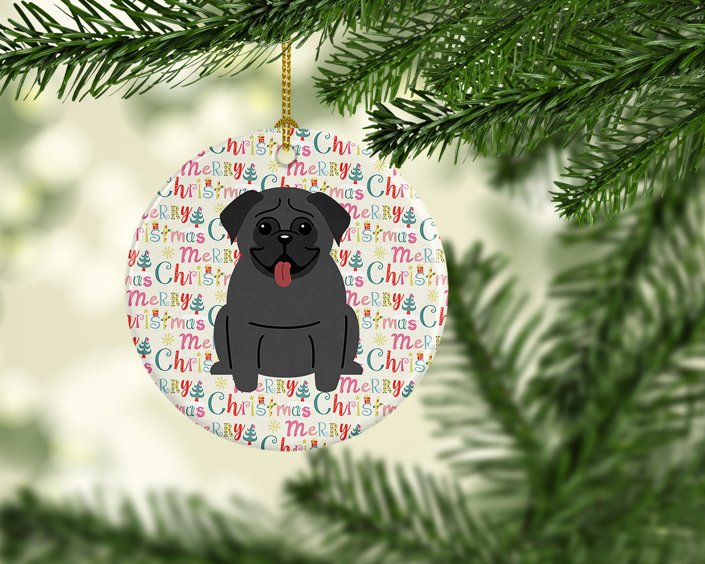 Merry Christmas Pug Black Ceramic Ornament