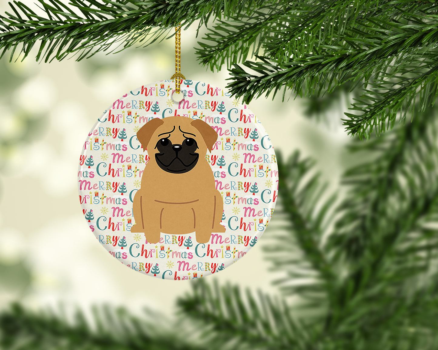 Merry Christmas Pug Brown Ceramic Ornament