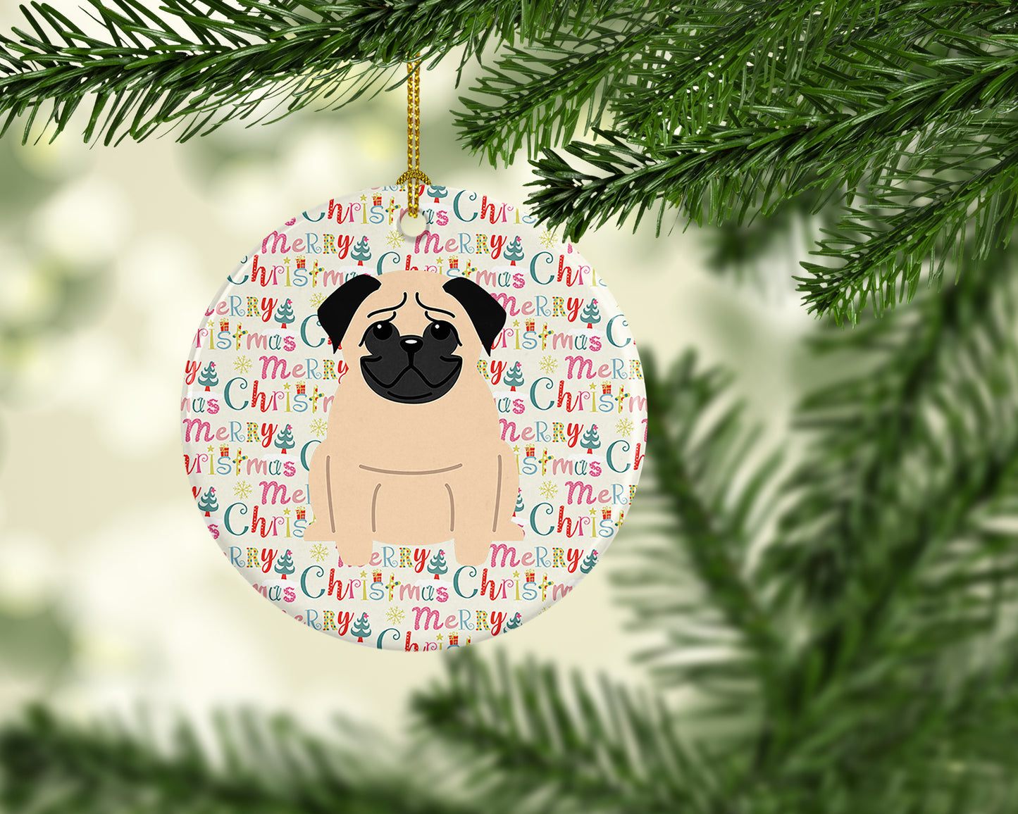 Merry Christmas Pug Fawn Ceramic Ornament