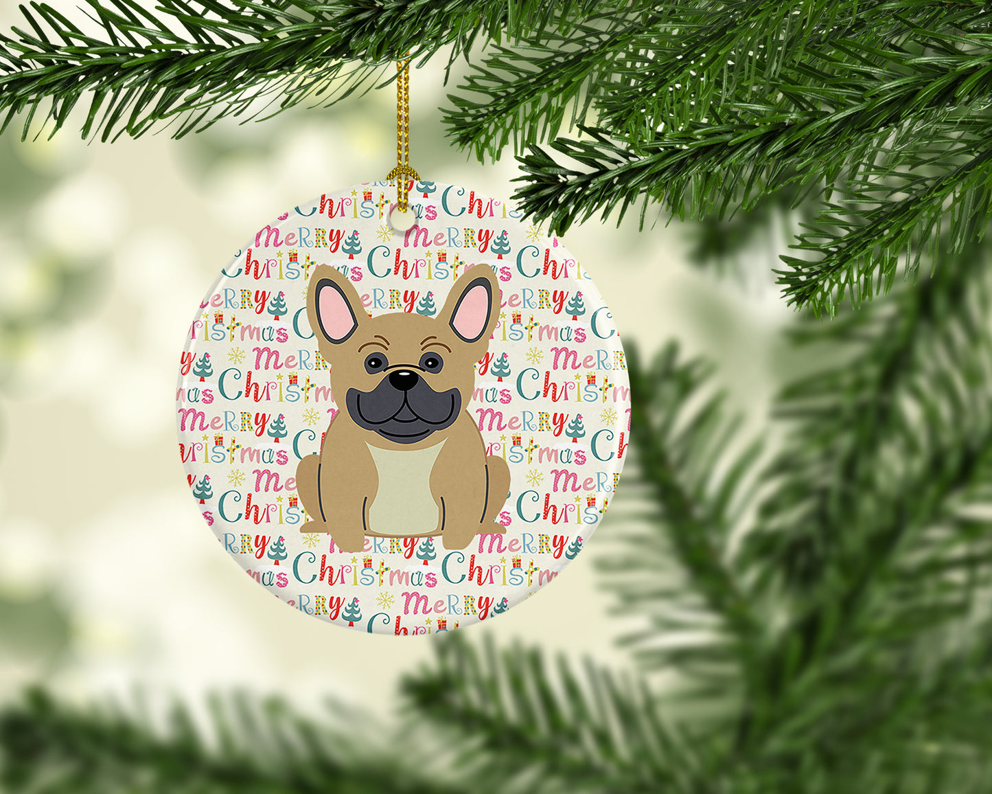 Merry Christmas French Bulldog Cream Ceramic Ornament