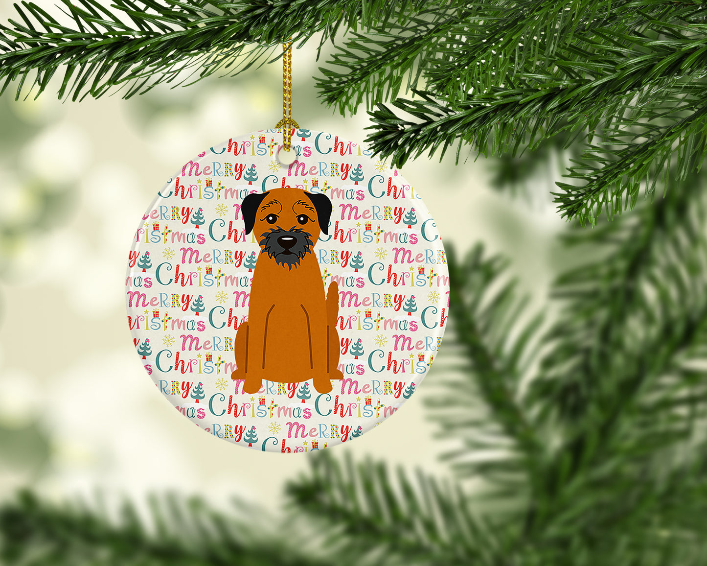 Merry Christmas Border Terrier Ceramic Ornament