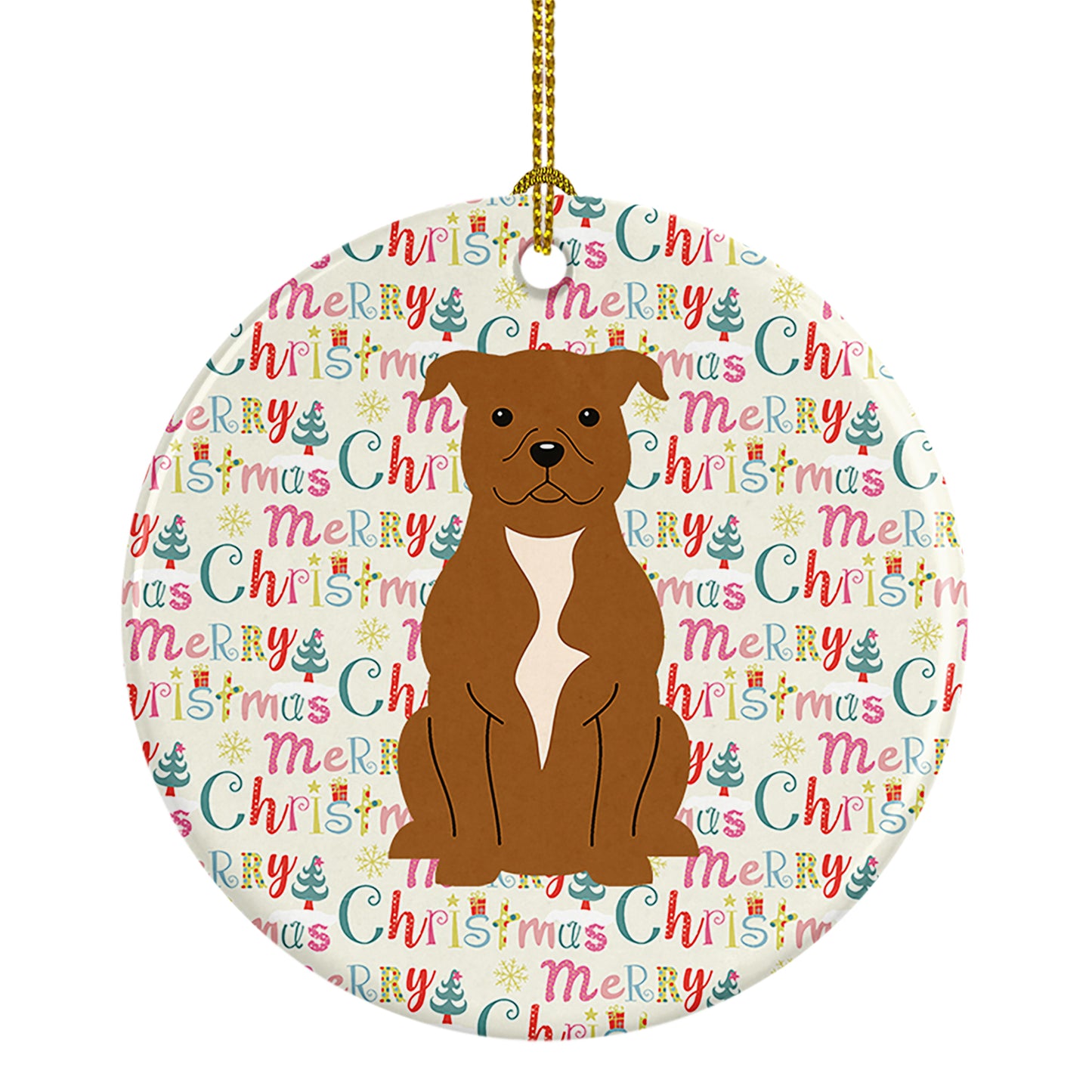 Buy this Merry Christmas Staffordshire Bull Terrier Brown Ceramic Ornament