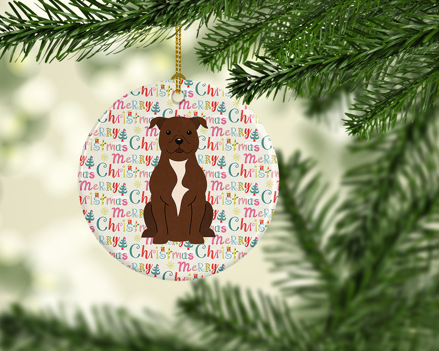 Merry Christmas Staffordshire Bull Terrier Chocolate Ceramic Ornament