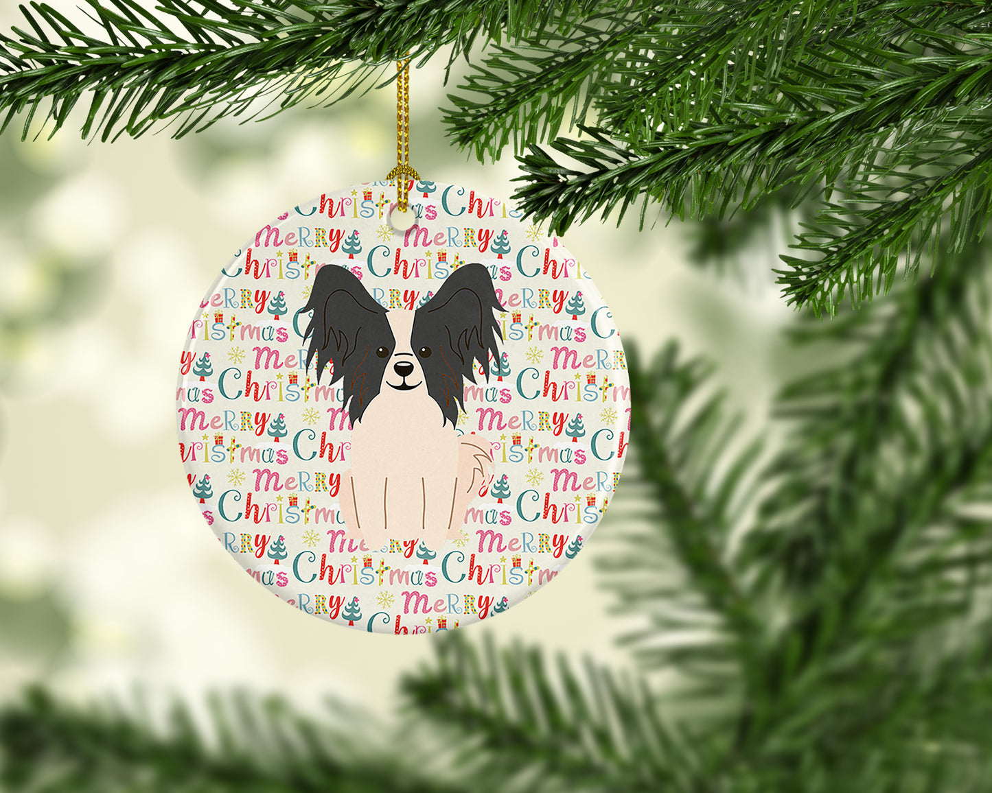 Merry Christmas Papillon Black White Ceramic Ornament