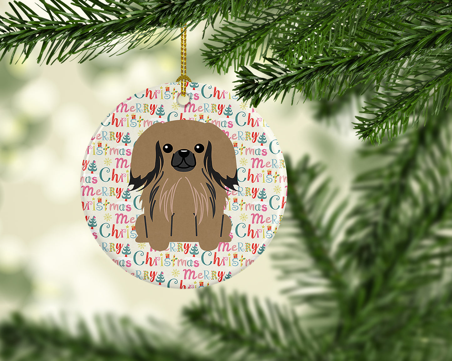 Merry Christmas Pekingese Tan Ceramic Ornament