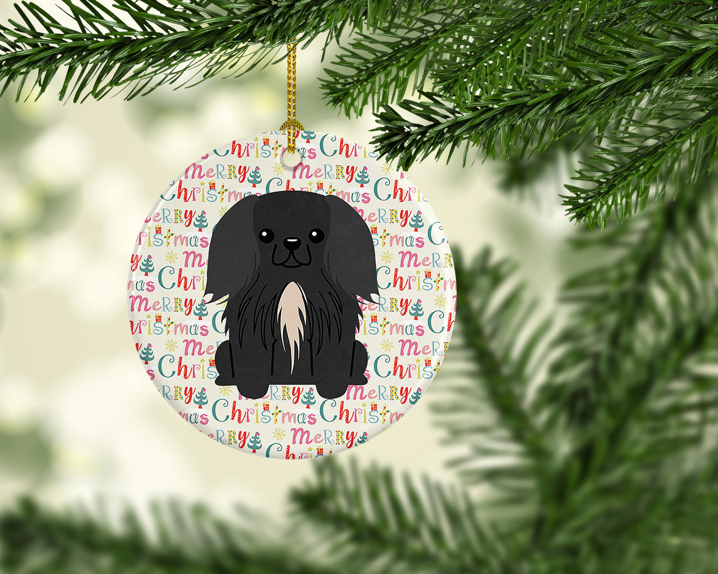 Merry Christmas Pekingese Black Ceramic Ornament