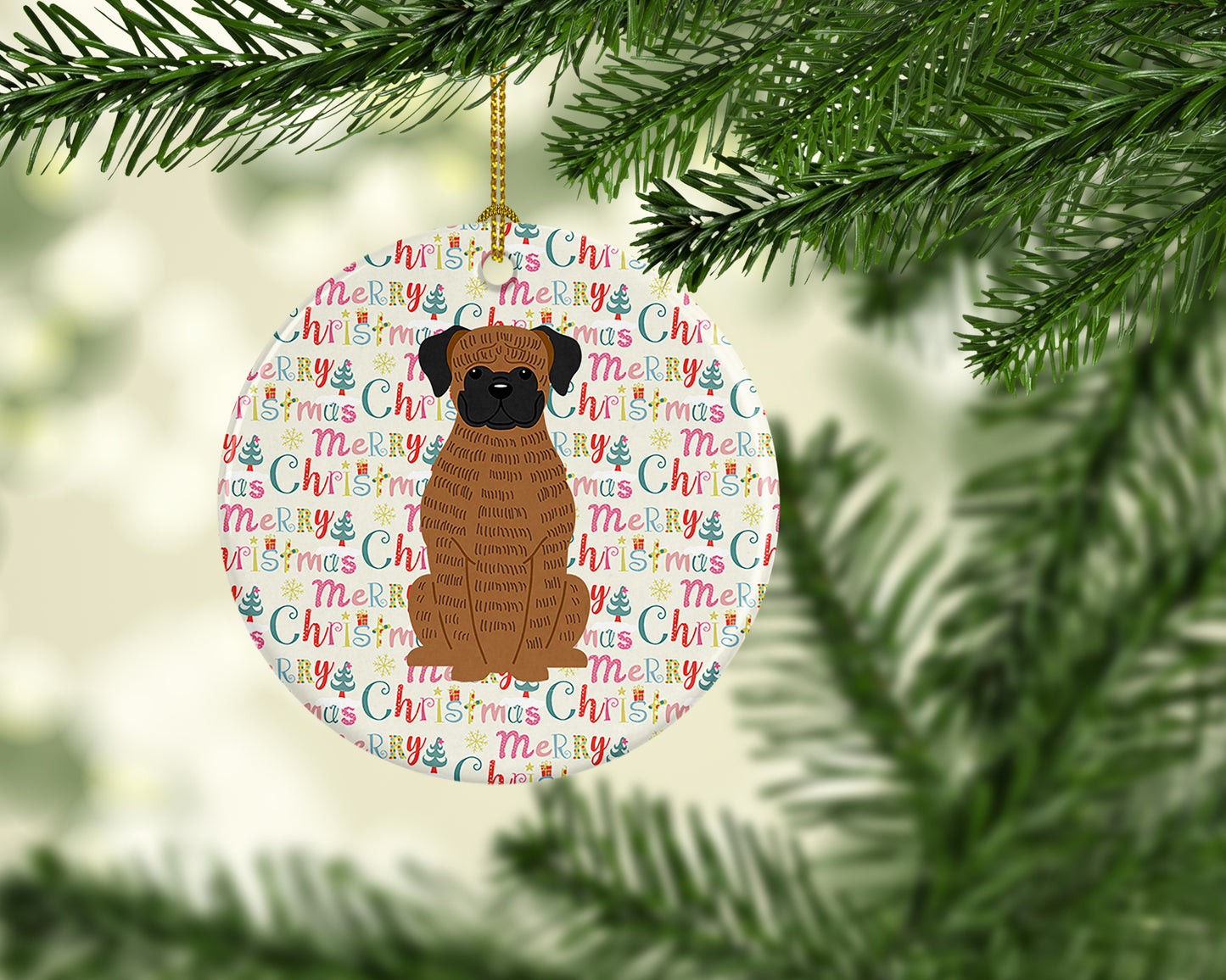 Merry Christmas Brindle Boxer Ceramic Ornament