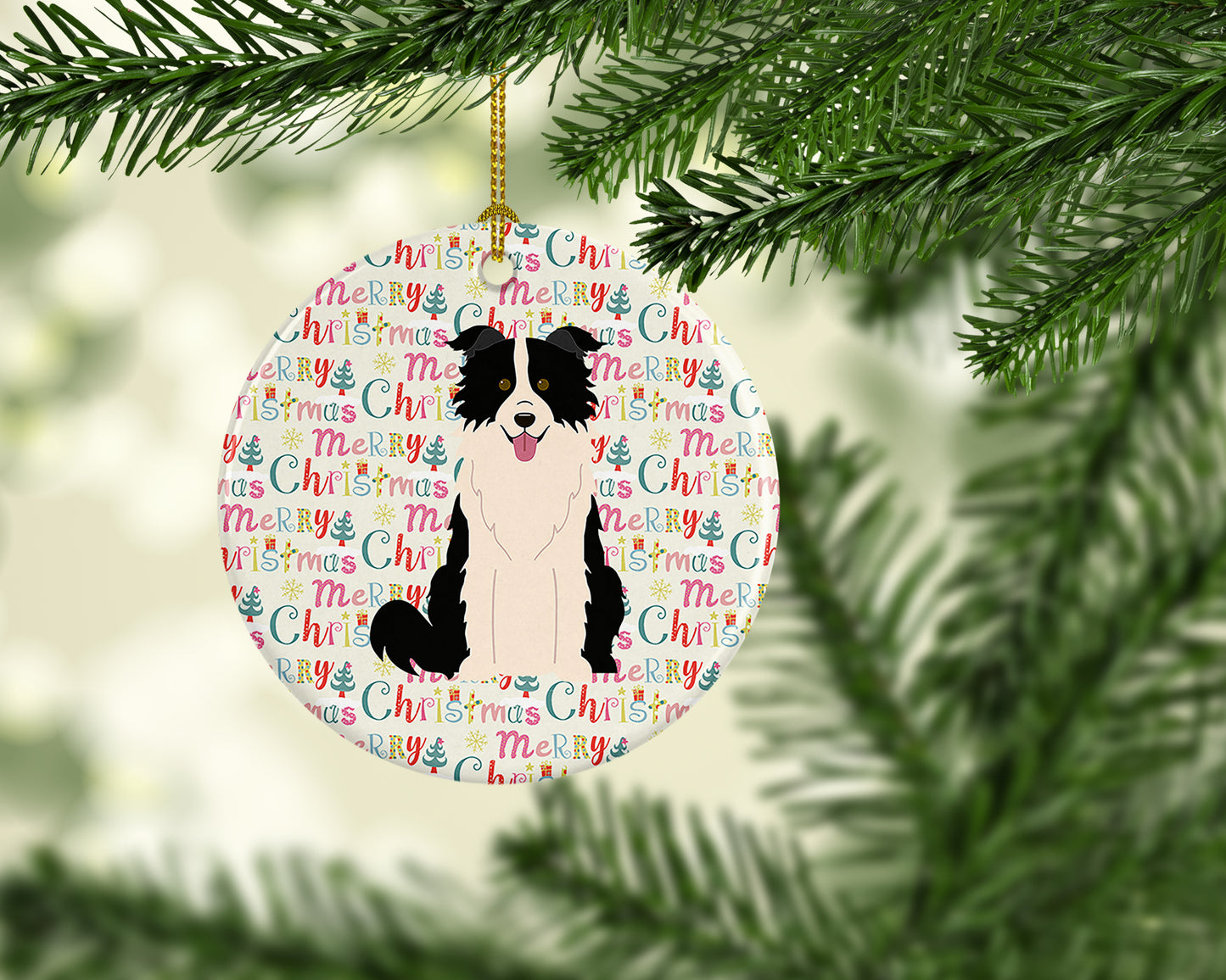 Merry Christmas Border Collie Black White Ceramic Ornament