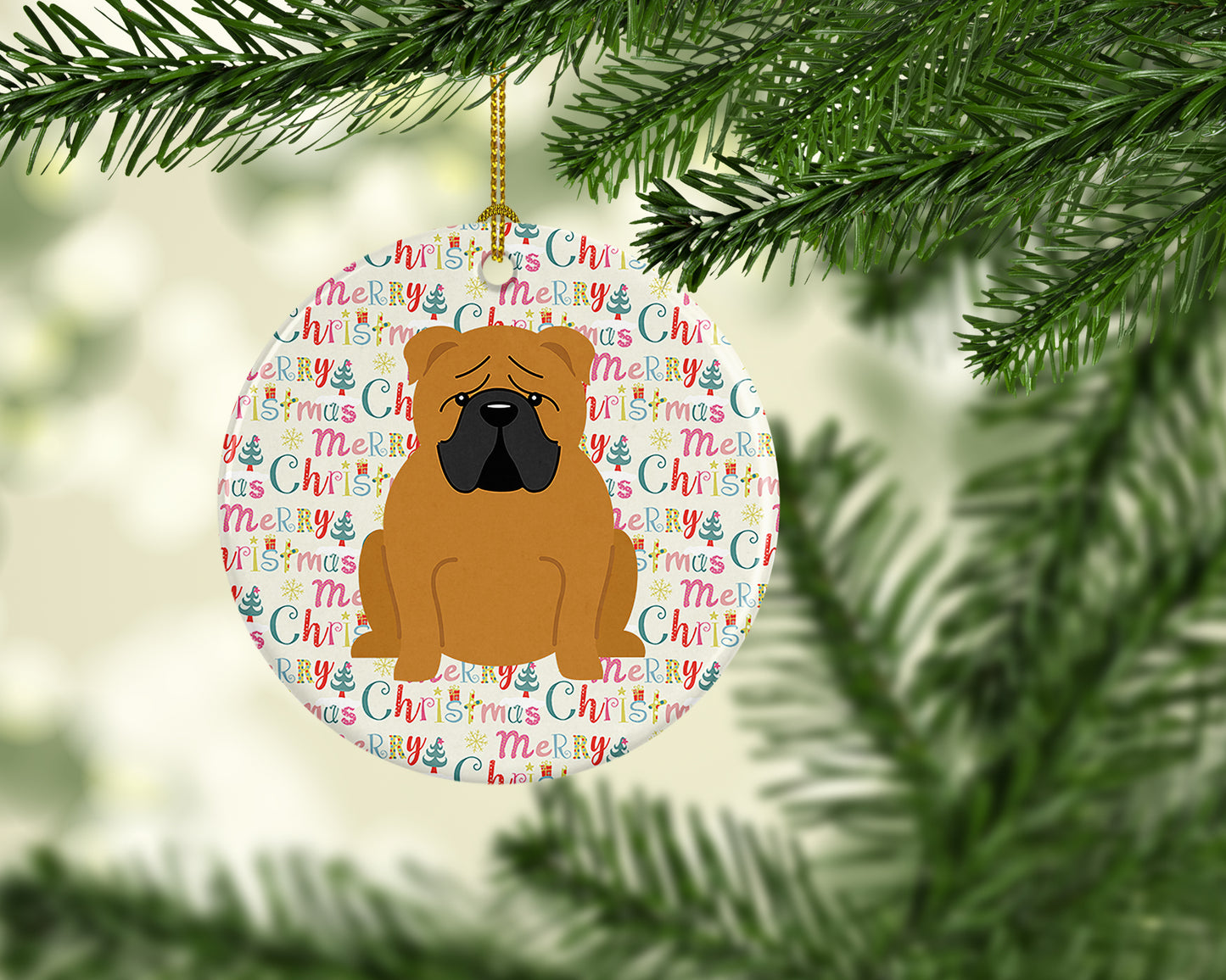 Merry Christmas English Bulldog Red Ceramic Ornament