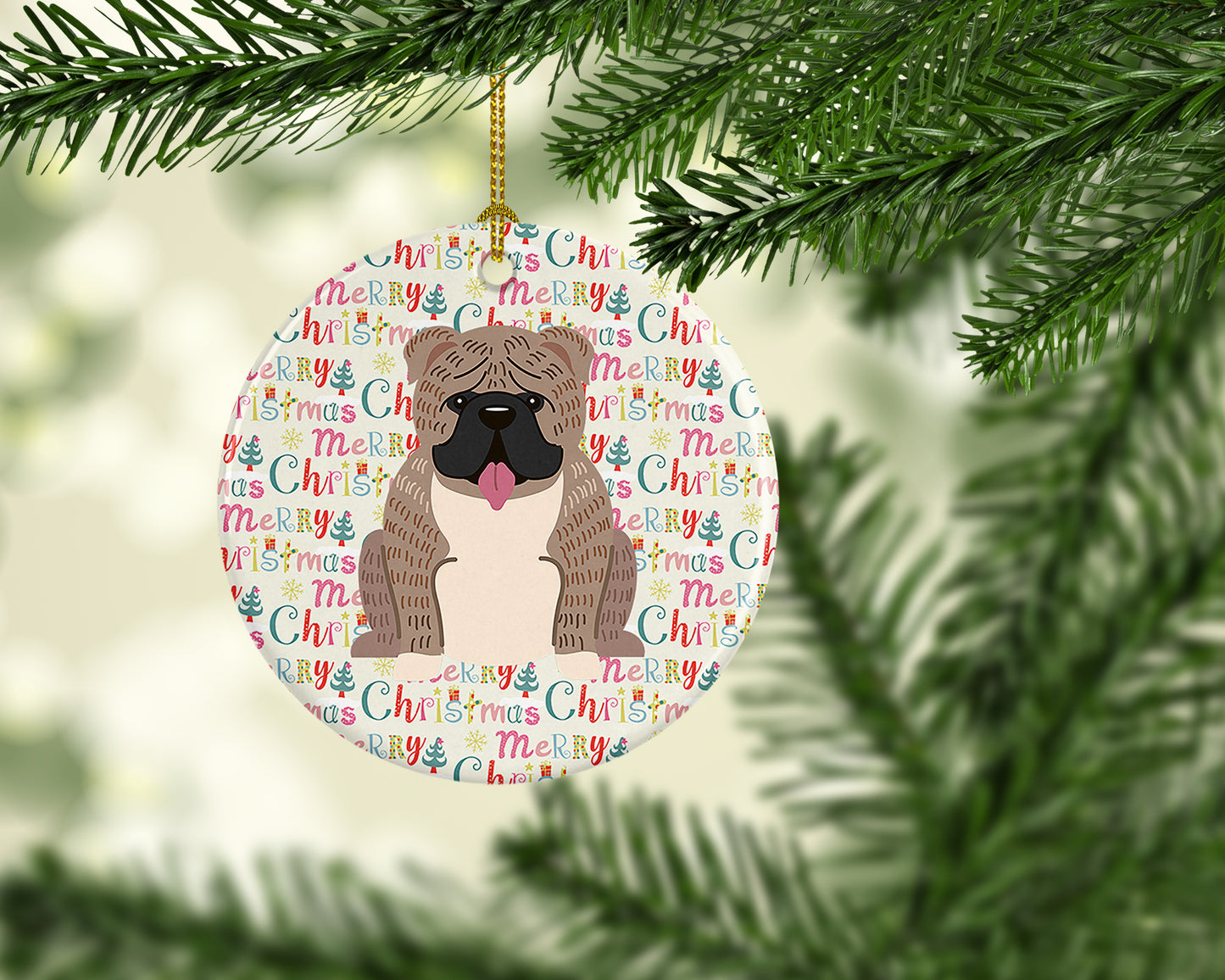 Merry Christmas English Bulldog Grey Brindle  Ceramic Ornament