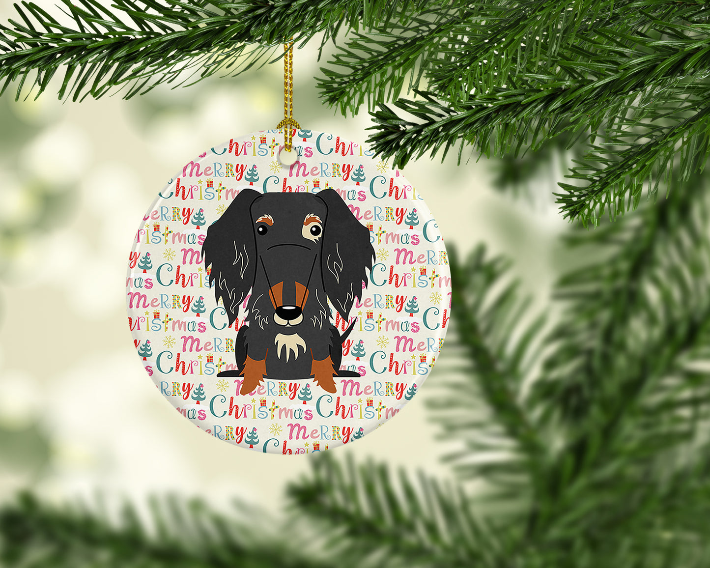 Merry Christmas Wire Haired Dachshund Dapple Ceramic Ornament