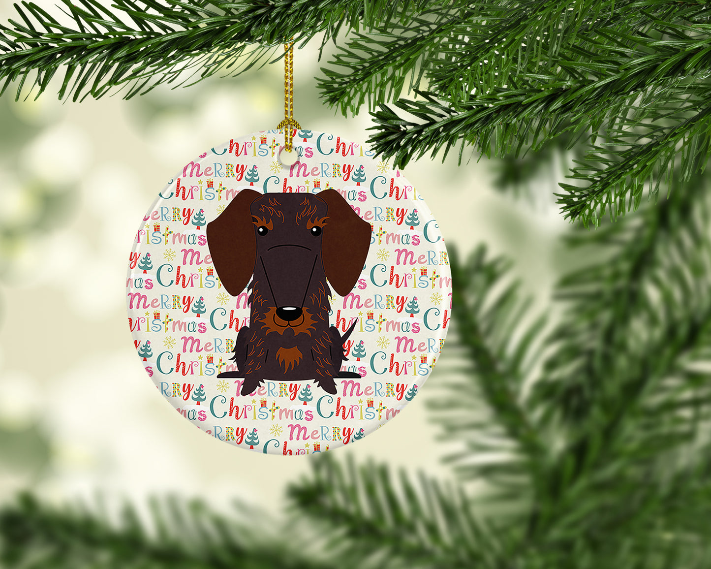 Merry Christmas Wire Haired Dachshund Chocolate Ceramic Ornament