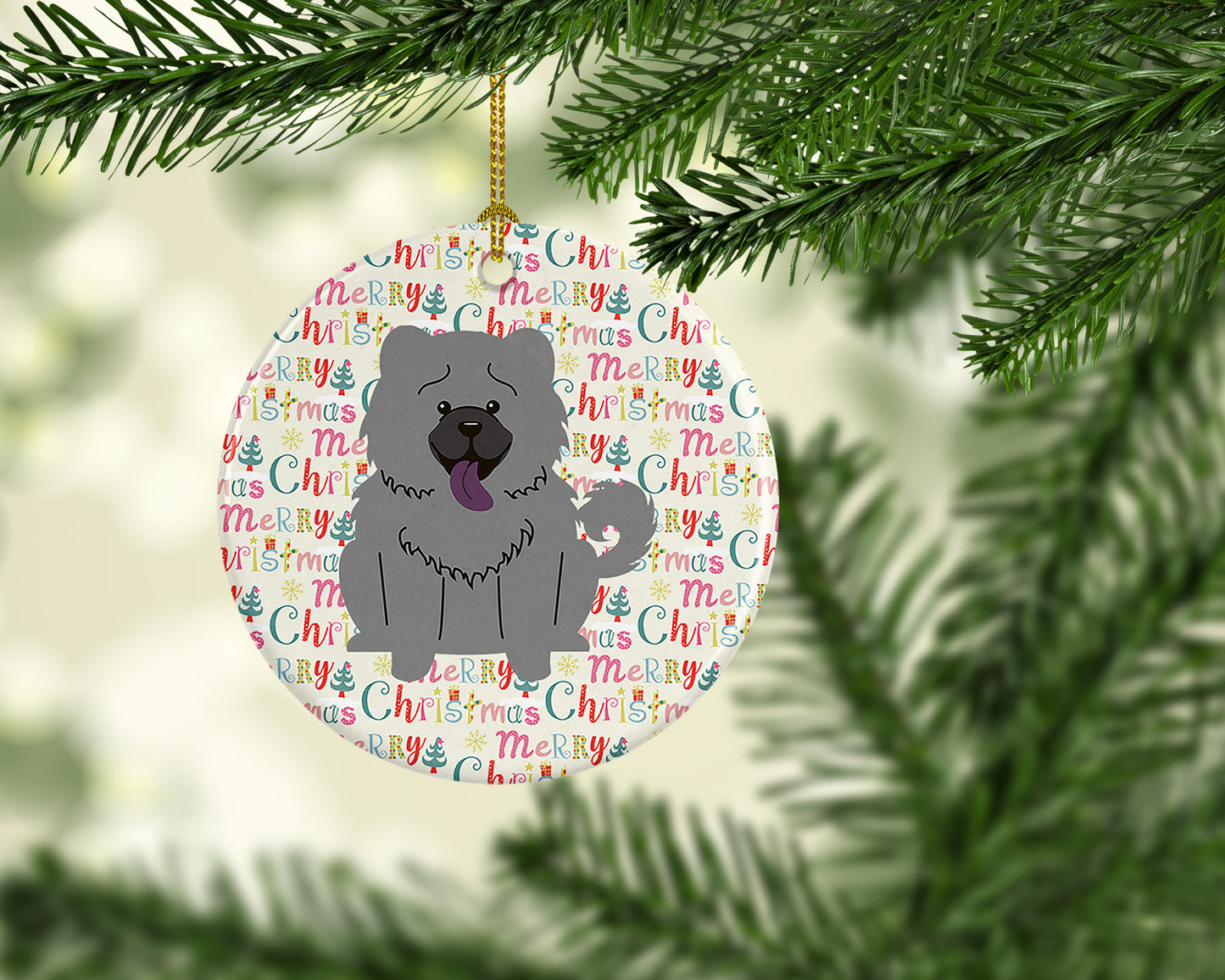 Merry Christmas Chow Chow Blue Ceramic Ornament