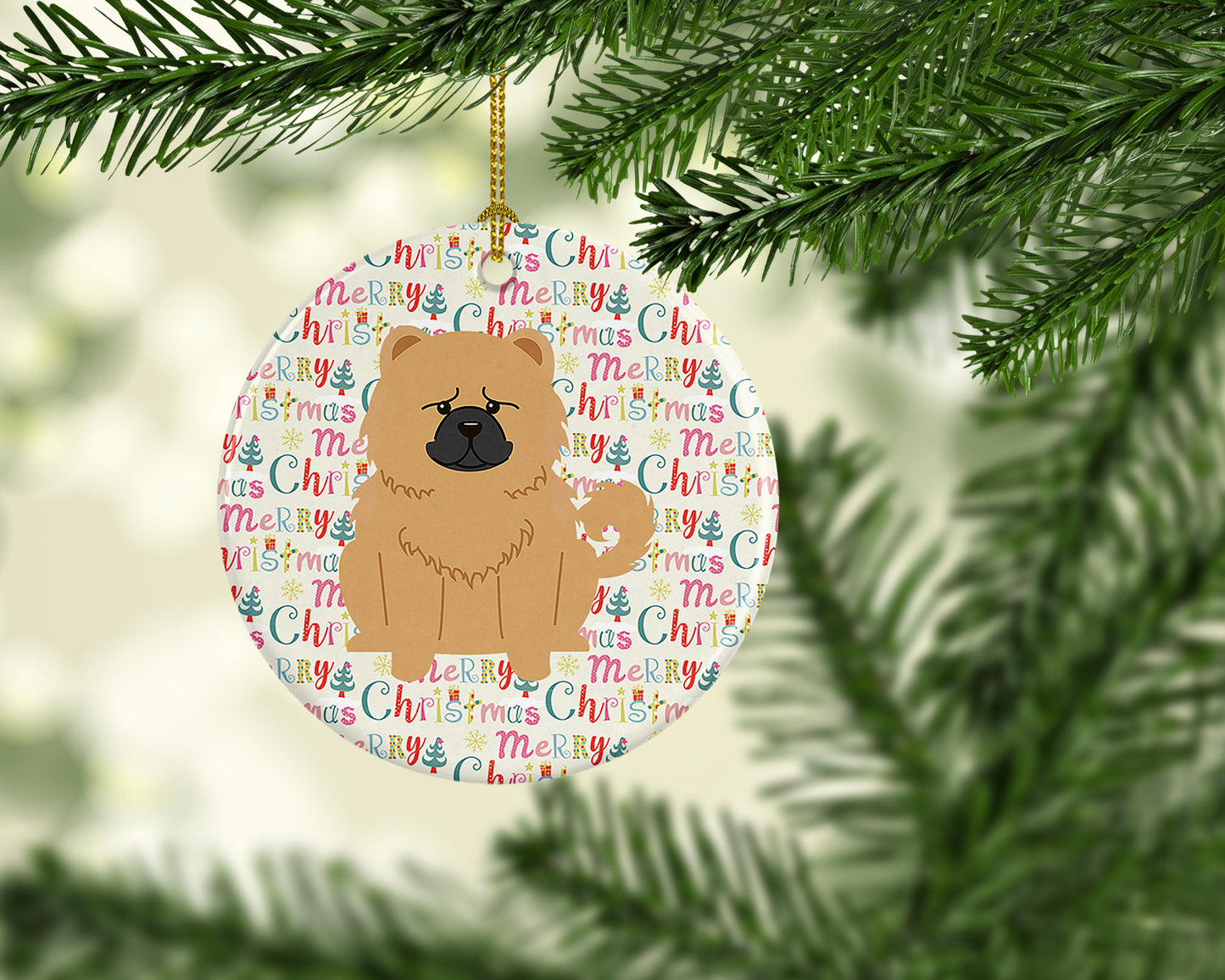 Merry Christmas Chow Chow Cream Ceramic Ornament