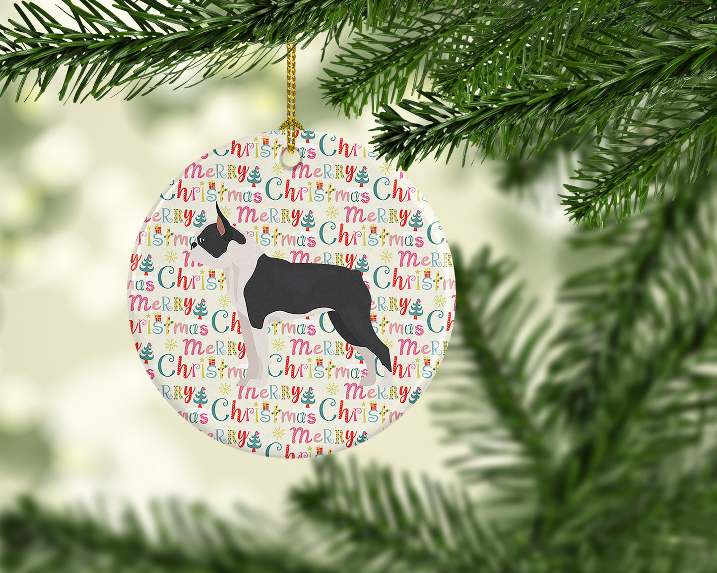 Boston Terrier Merry Christmas Ceramic Ornament