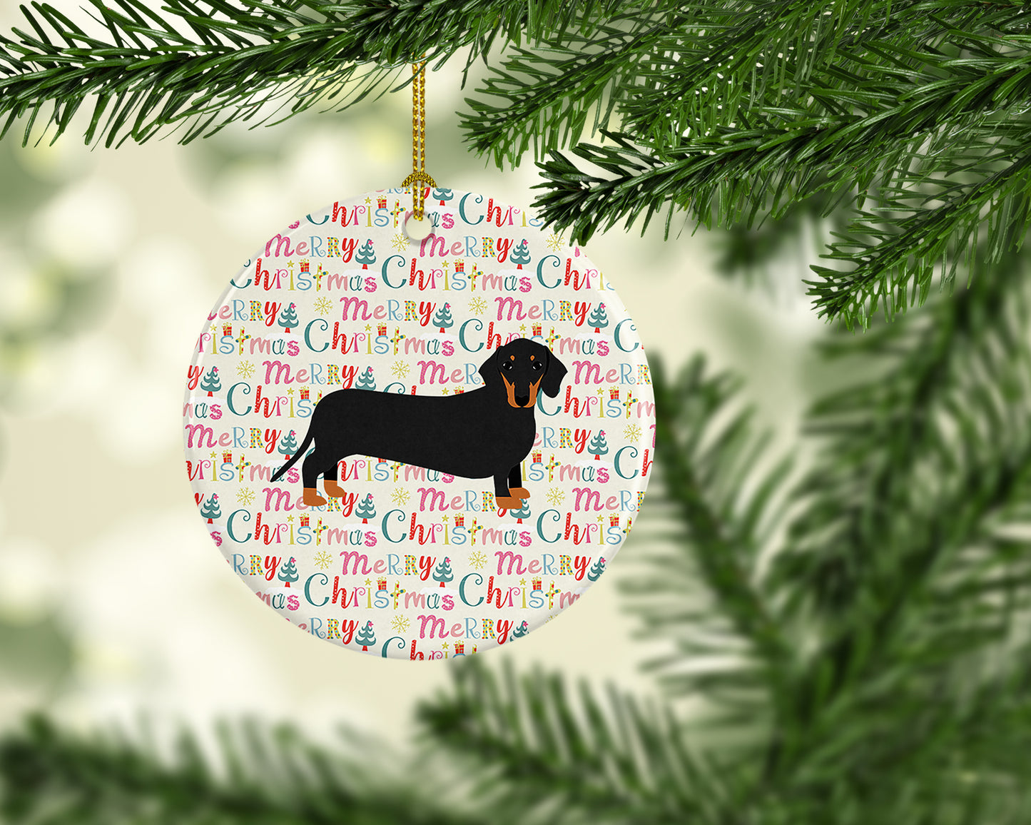 Black and Tan Dachshund Merry Christmas Ceramic Ornament