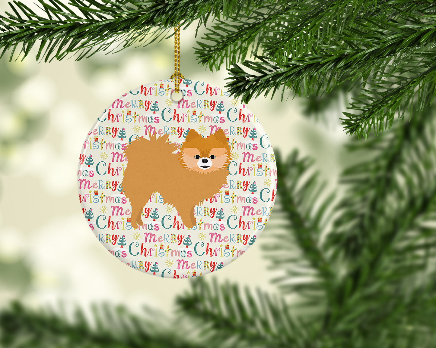 Red Pomeranian Merry Christmas Ceramic Ornament