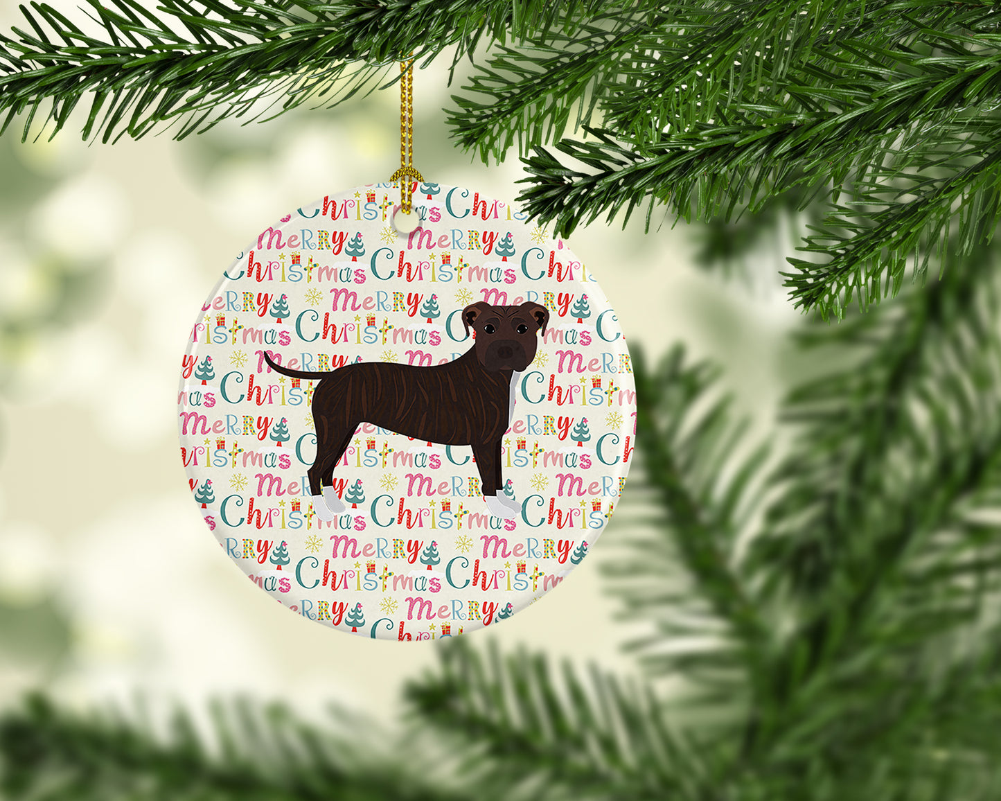 Staffordshire Bull Terrier Merry Christmas Ceramic Ornament