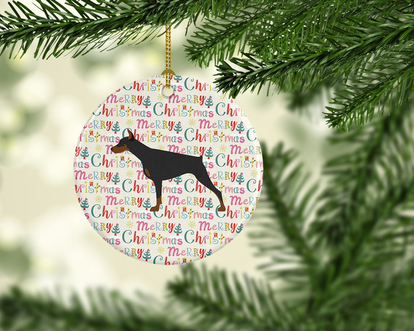 Doberman Pinscher Merry Christmas Ceramic Ornament