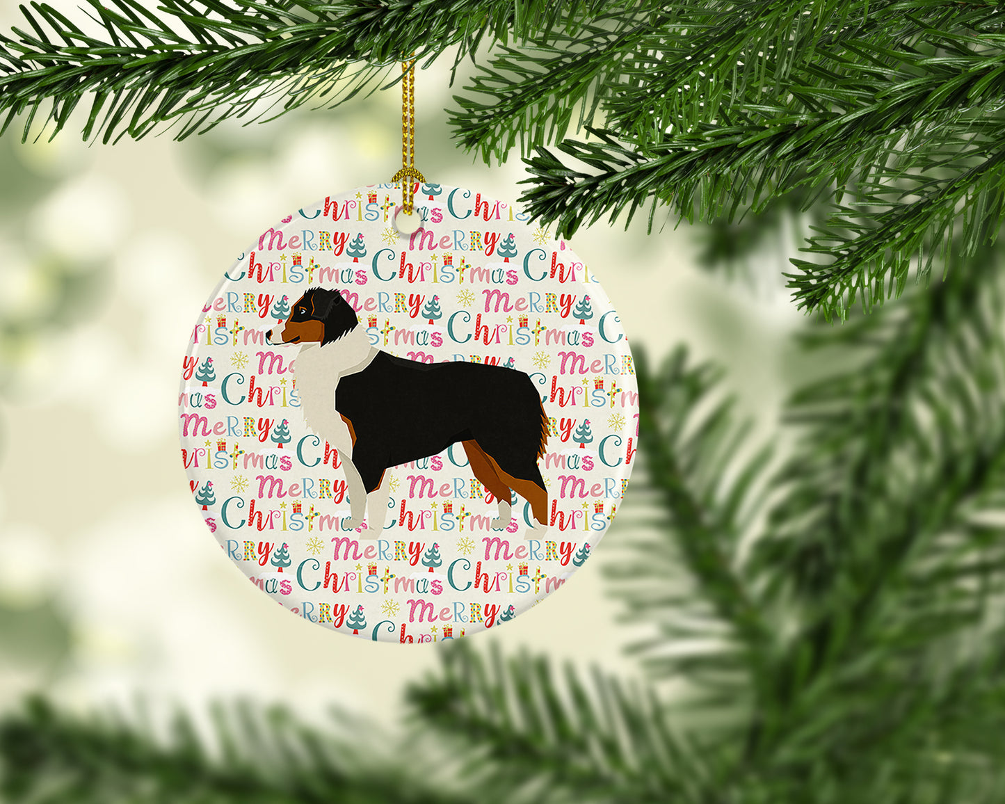 Australian Shepherd Merry Christmas Ceramic Ornament