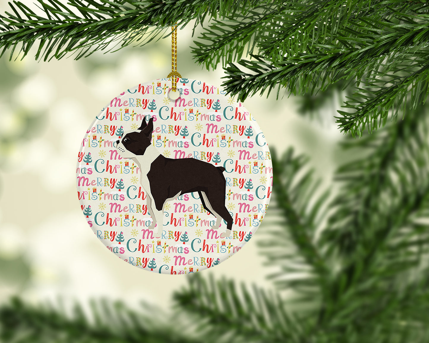 Boston Terrier Merry Christmas Ceramic Ornament