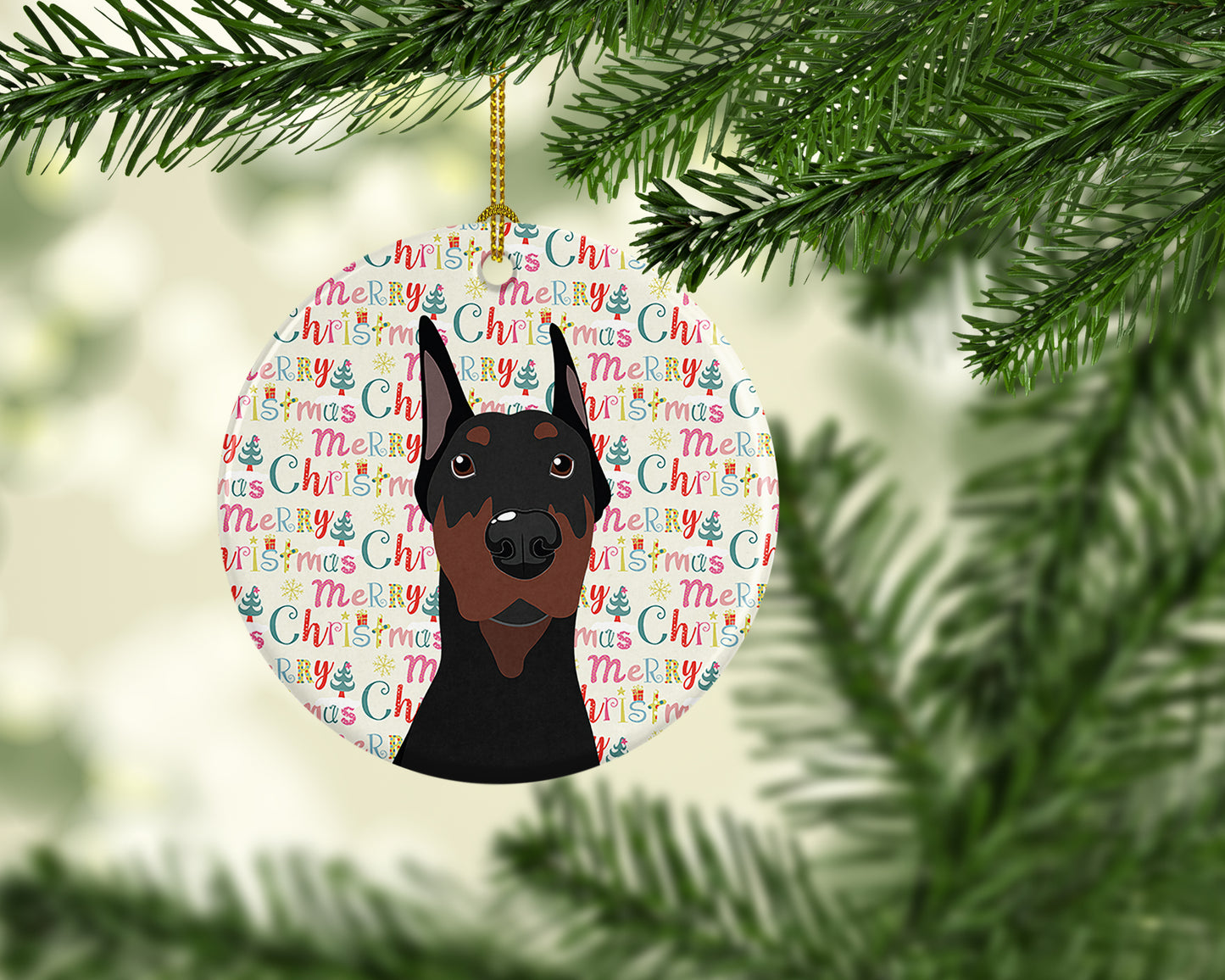Doberman Pinscher Black Cropped Ears Christmas Ceramic Ornament