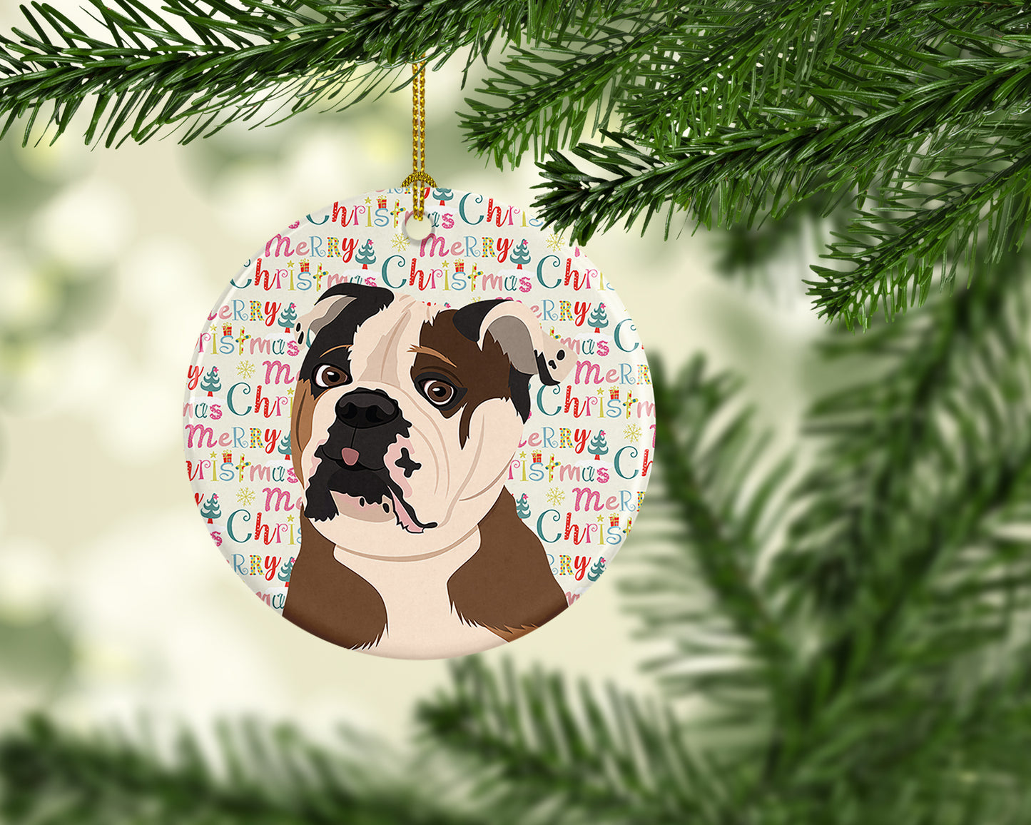 English Bulldog Chocolate Tan Christmas Ceramic Ornament