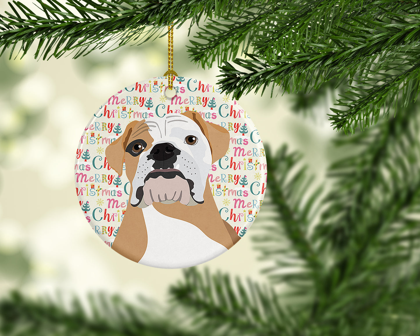 English Bulldog Fawn and White Christmas Ceramic Ornament