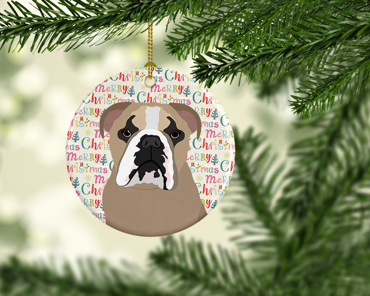 English Bulldog Lilac Tricolor Christmas Ceramic Ornament